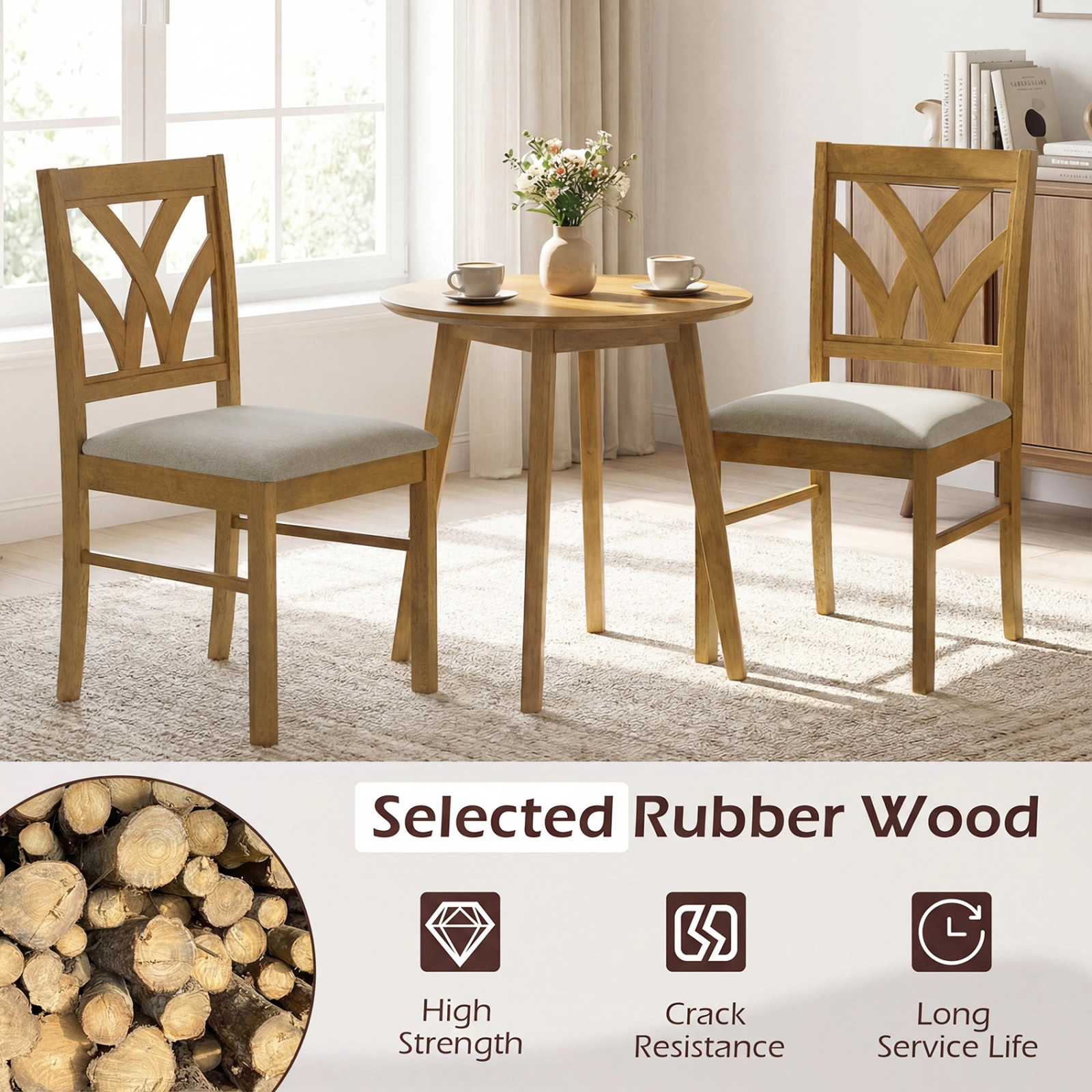 SUGIFT Set of 2 Wooden Dining Chairs with Upholstered Hollowed Backrest 330-lb Capacity Oak + Beige