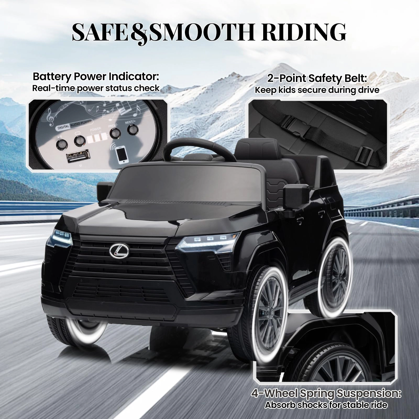 Licensed Lexus GX550 12V Kids Ride-On Car, Dual Control, 2.4G Remote, Bluetooth, LED Lights, Spring Suspension, Ages 3-6