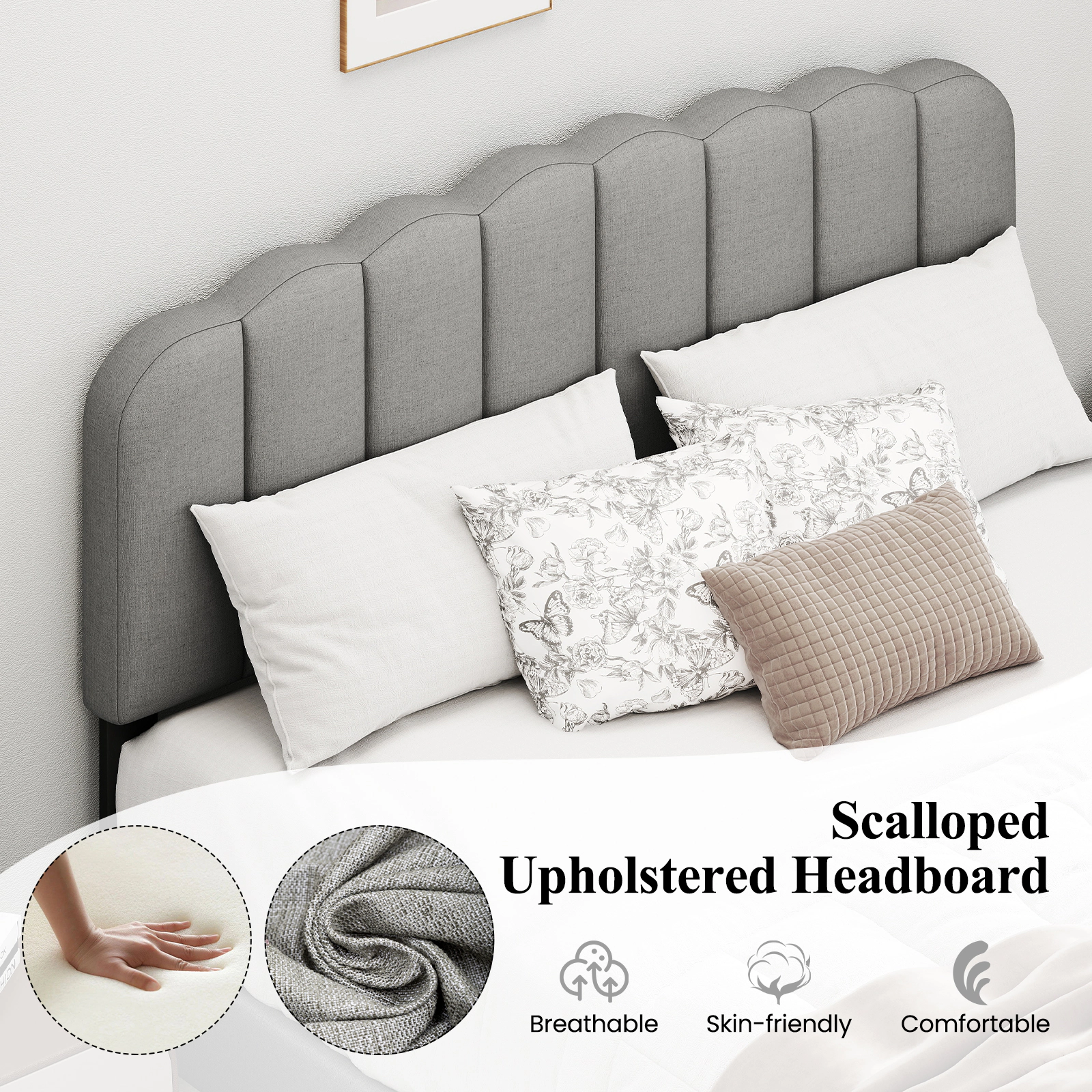 SUGIFT Gray Adjustable Scalloped Tufted Headboard and LVL Slats Queen Size Bed Frame