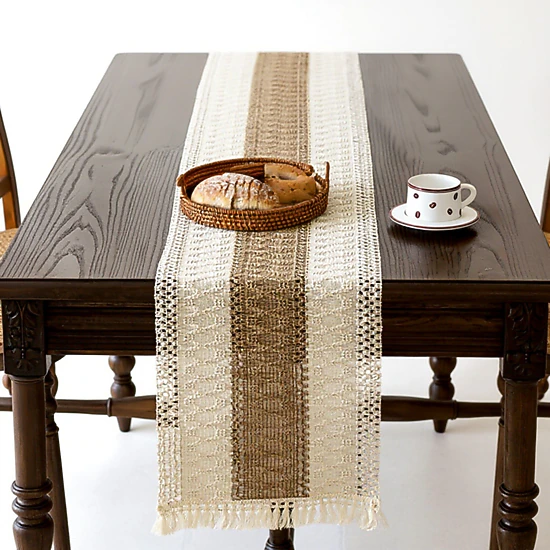 Alilang Women Textured Woven Table Runner with Fringe Trim and Neutral Stripe Pattern 47x11.8 in