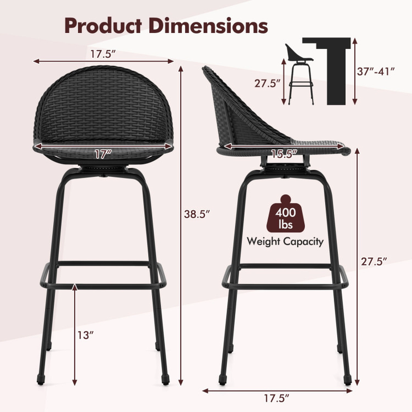 SUGIFT Set of 2 Brown PE Rattan Outdoor Swivel Bar Stools, 30-Inch Seat