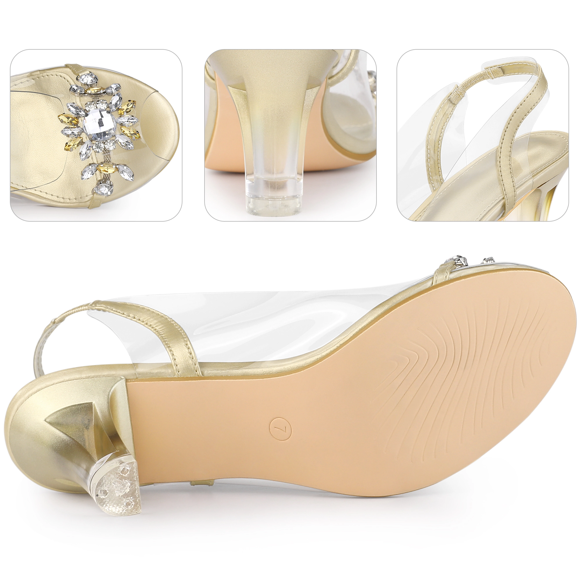 BLISSFUL STEP Womens Peep Toe Flower Rhinestone Clear Chunky Heels Cinderella Glass Sandals
