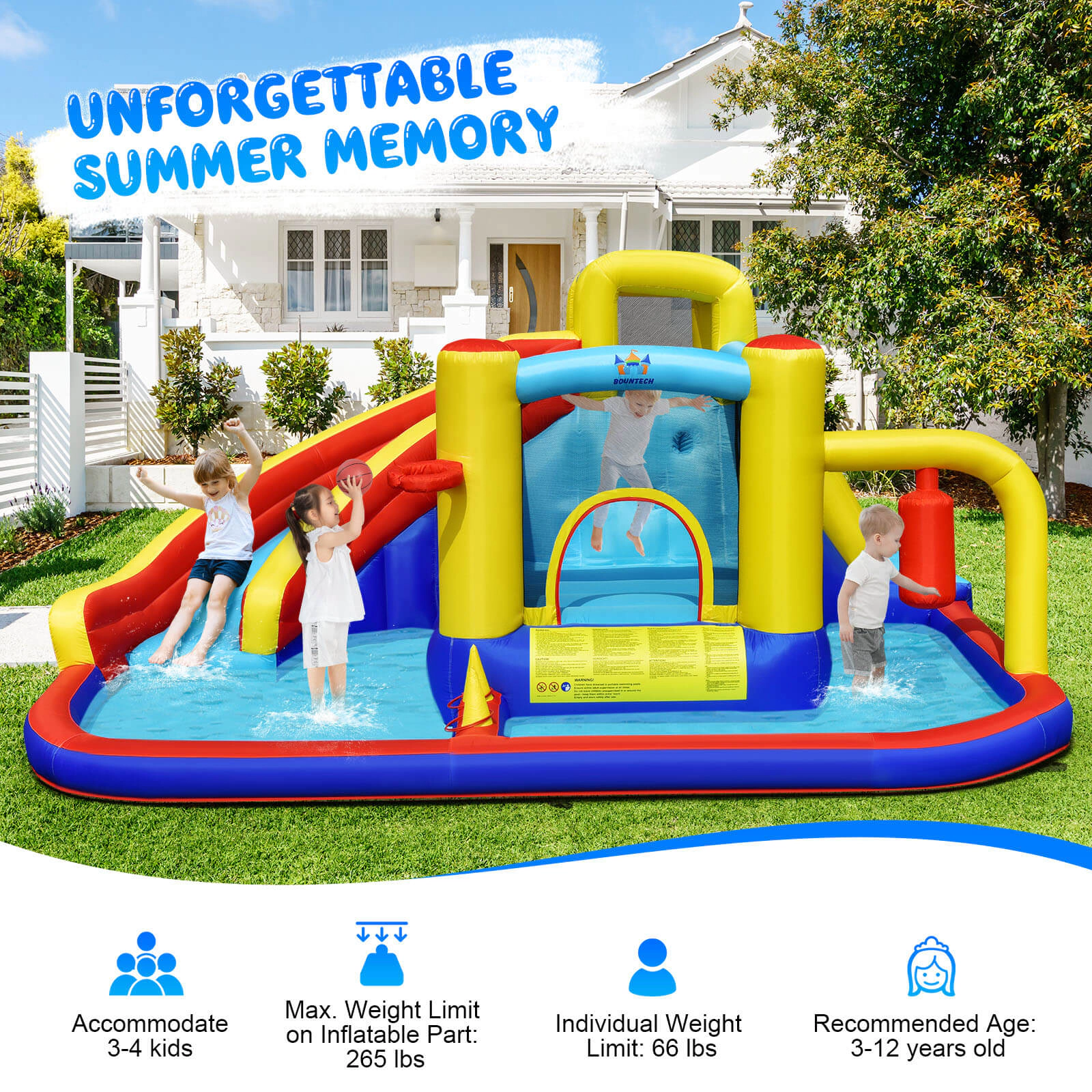 LJG Kids 7-in-1 Inflatable Water Slide Bounce Castle with Splash Pool and Climbing Wall without Blower
