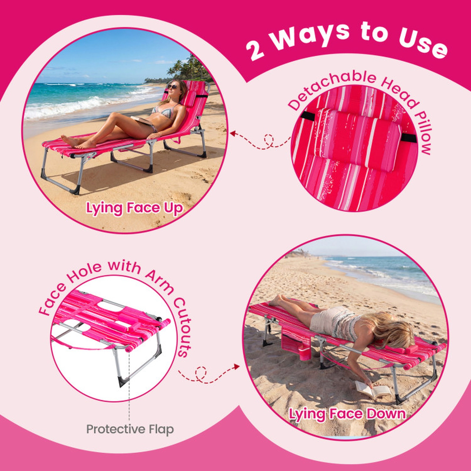 SUGIFT Set of 2 Portable Tanning Chairs with Face and Arm Holes 330-Lb Capacity 76.5-in Adjustable Backrest Pink Strip