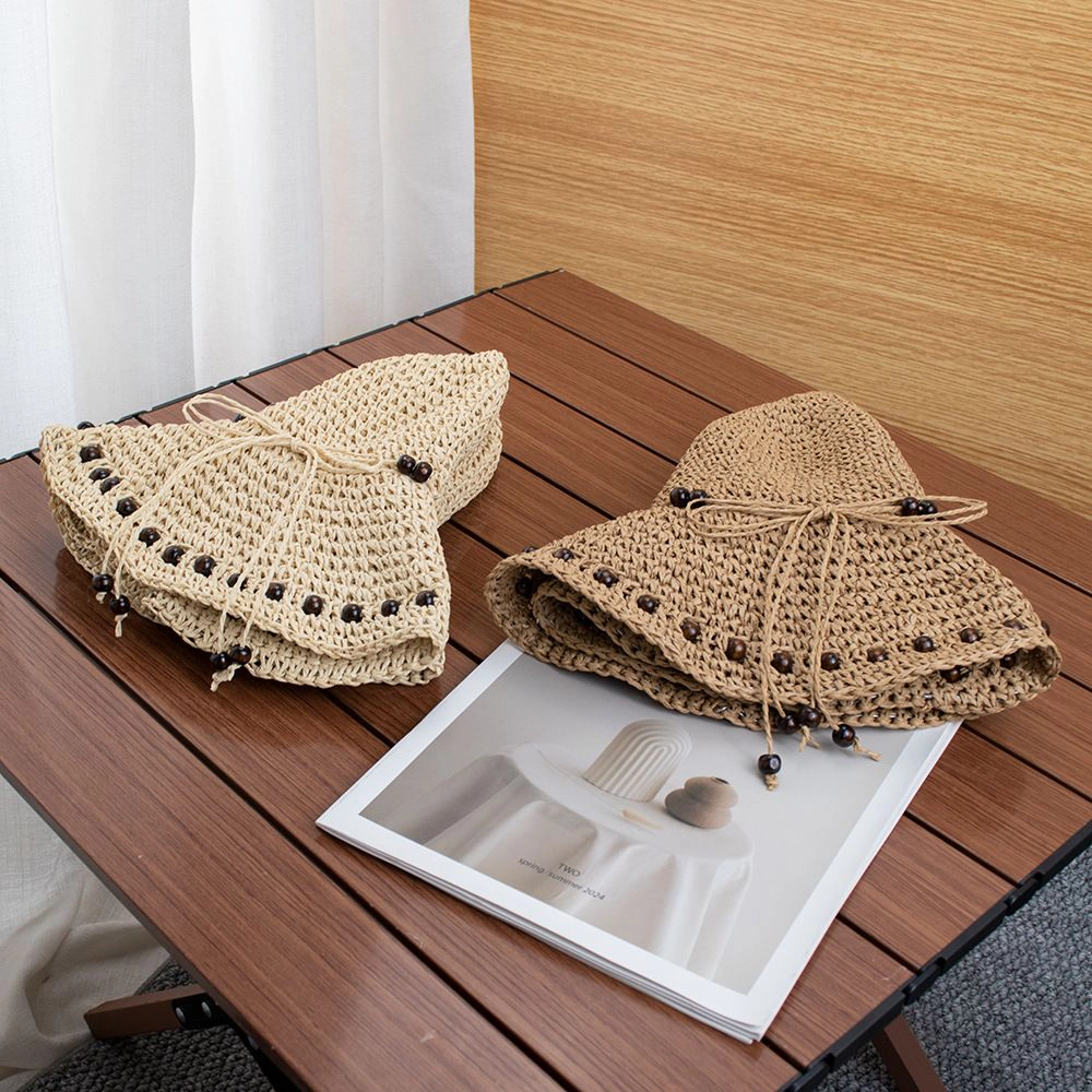 Anna-Kaci Womens Wide Brim Straw Sun Hat Beaded Trim Handmade Crochet Beach Vacation