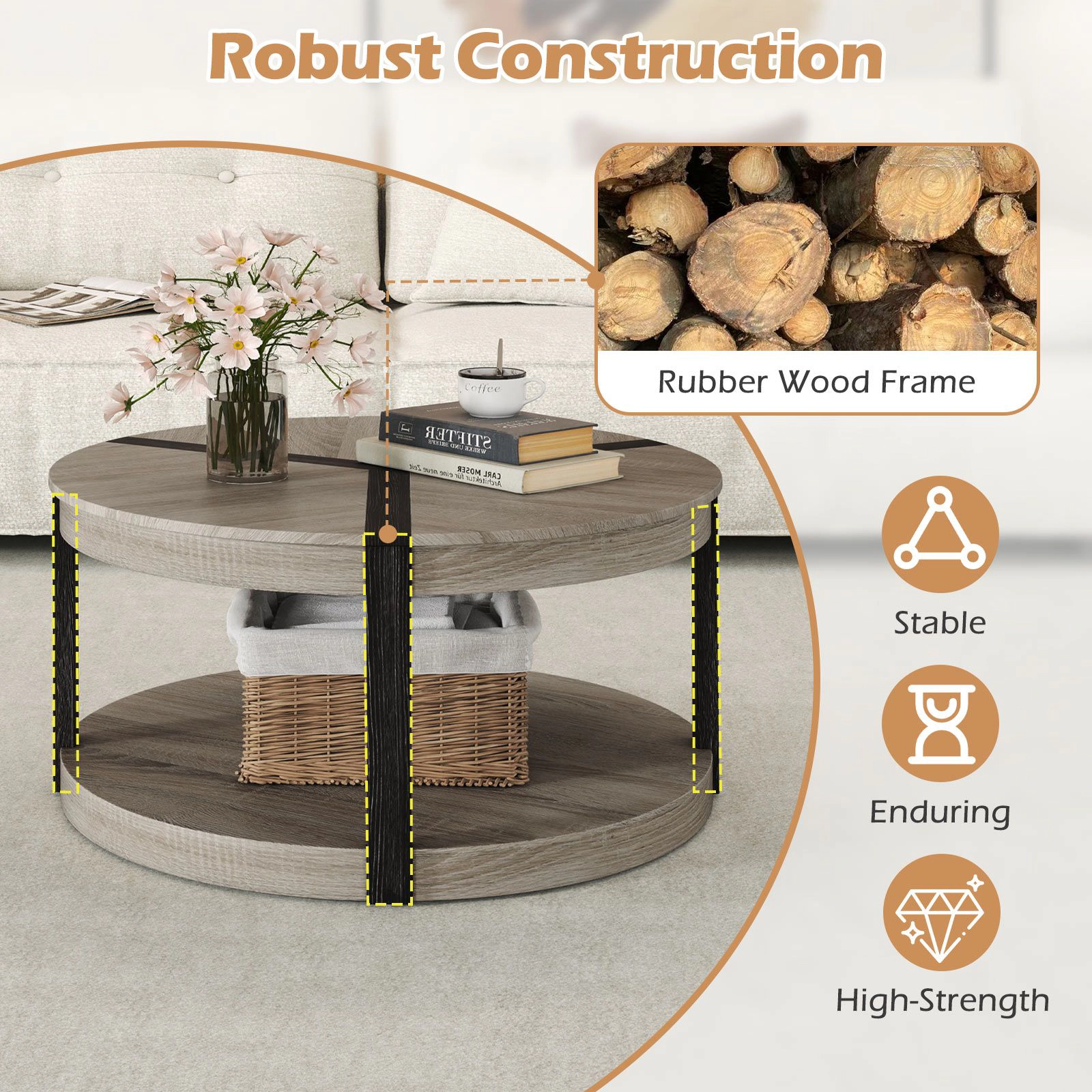 SlickBlue Round Coffee Table with 2 Tier Storage Shelf