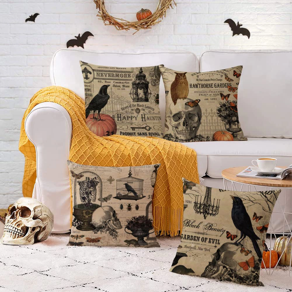 WZK Set of 4 Halloween Cotton Linen Throw Pillow Covers