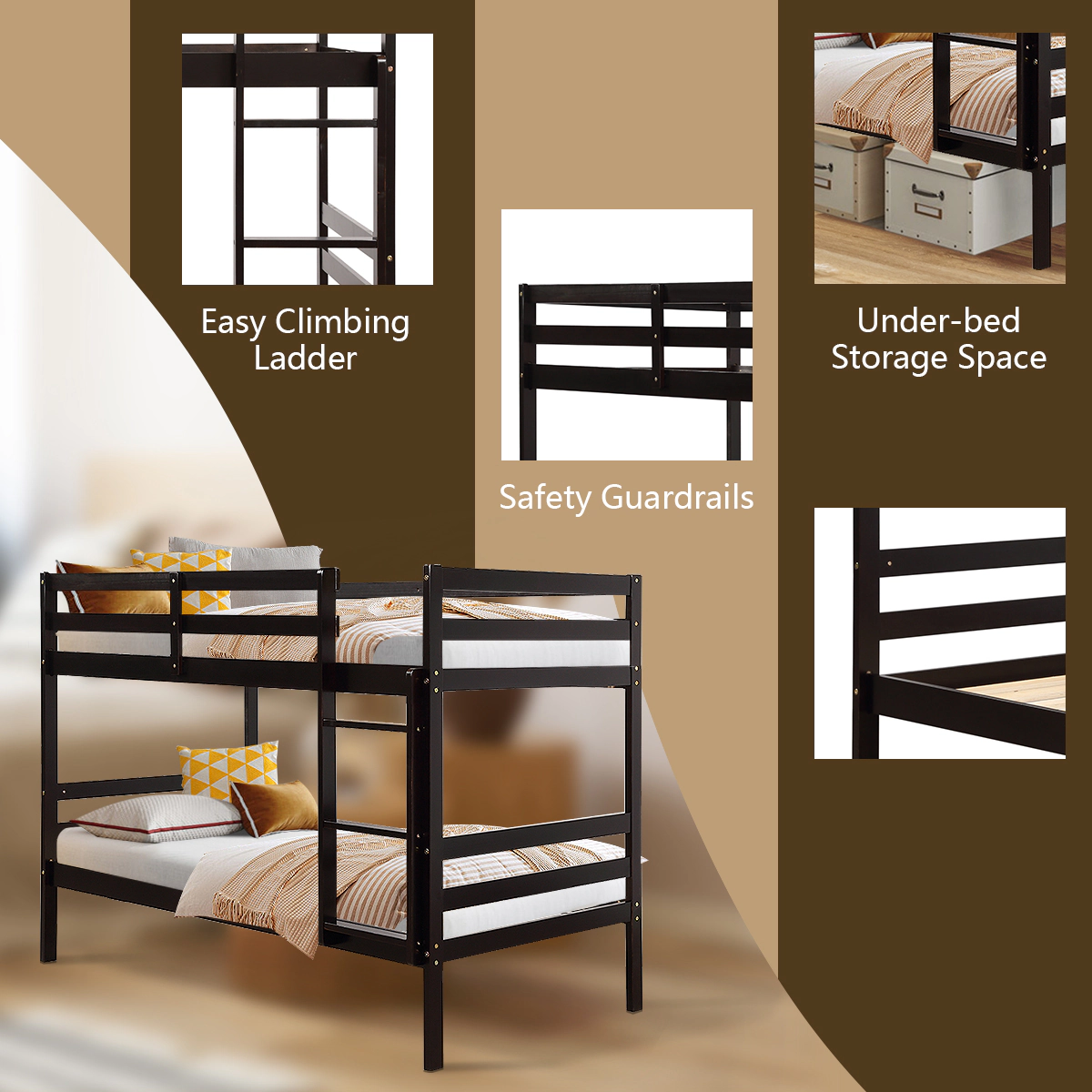 SUGIFT Twin-Over-Twin Bunk Bed with Guardrails and Wide Ladder 330-lb Upper 400-lb Lower Capacity Brown