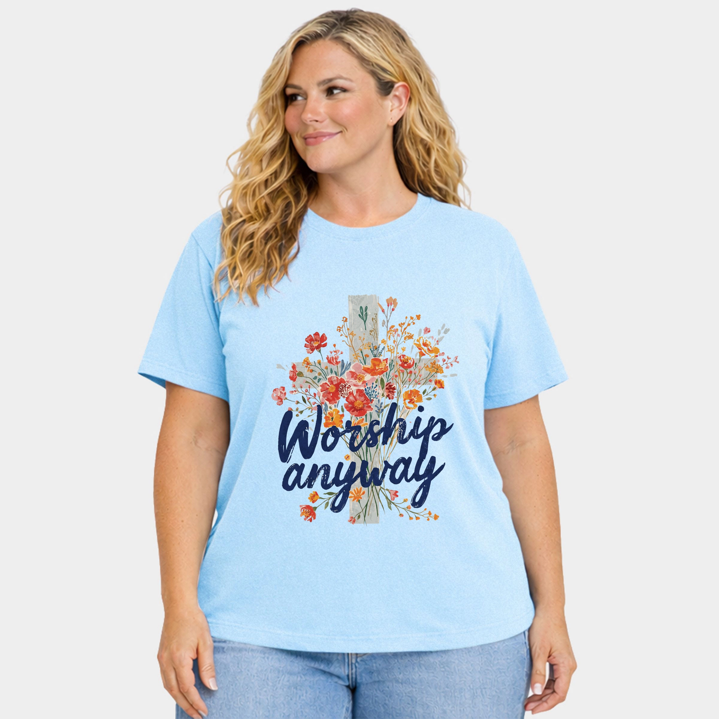Simply Sage Market - Worship Anyway Cross Women's Plus Sized Garment Dyed Graphic T-Shirt