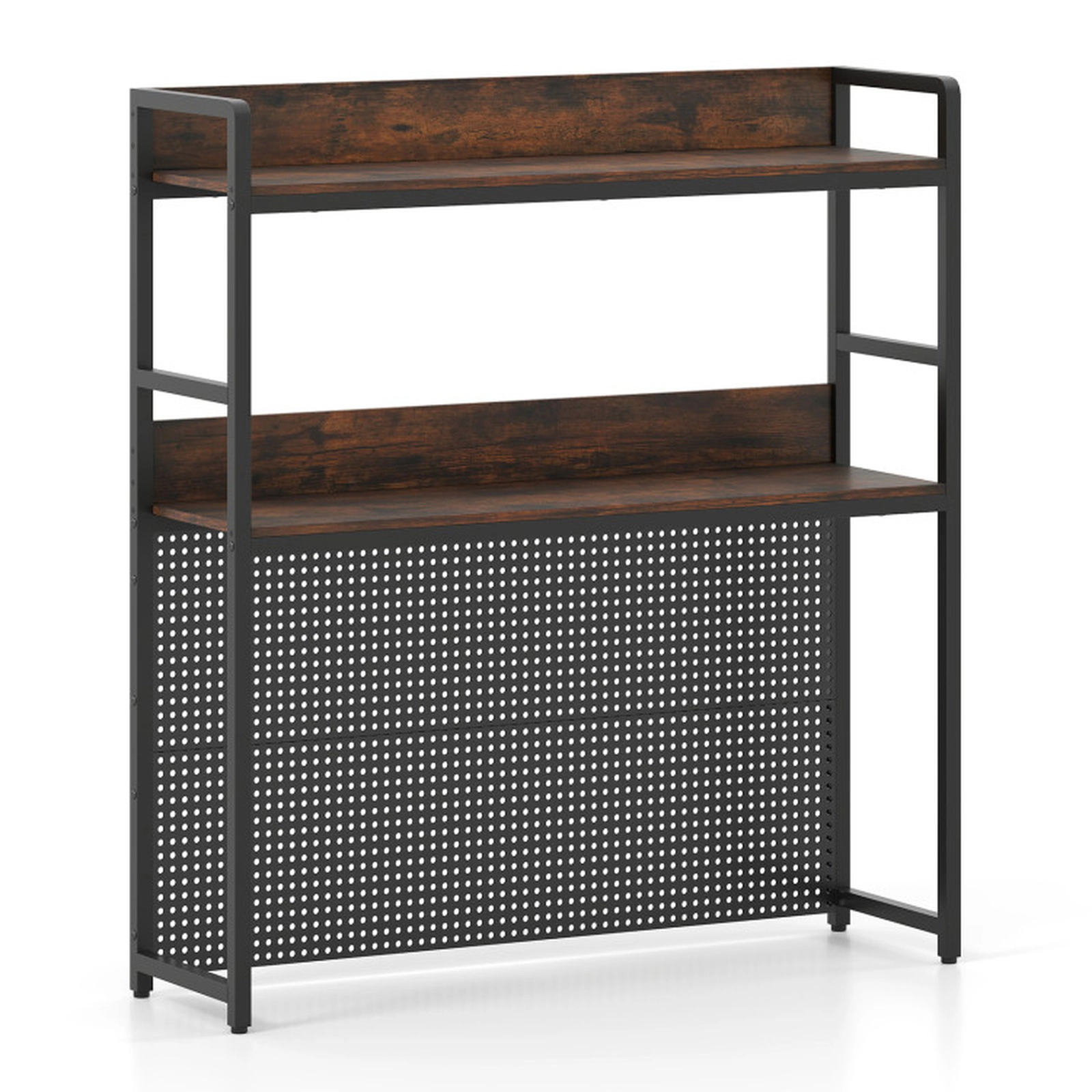 SUGIFT 2-Tier Desktop Bookshelf with Pegboard 55-lb Per Tier Capacity for up to 32-in Monitor Rustic Brown & Black