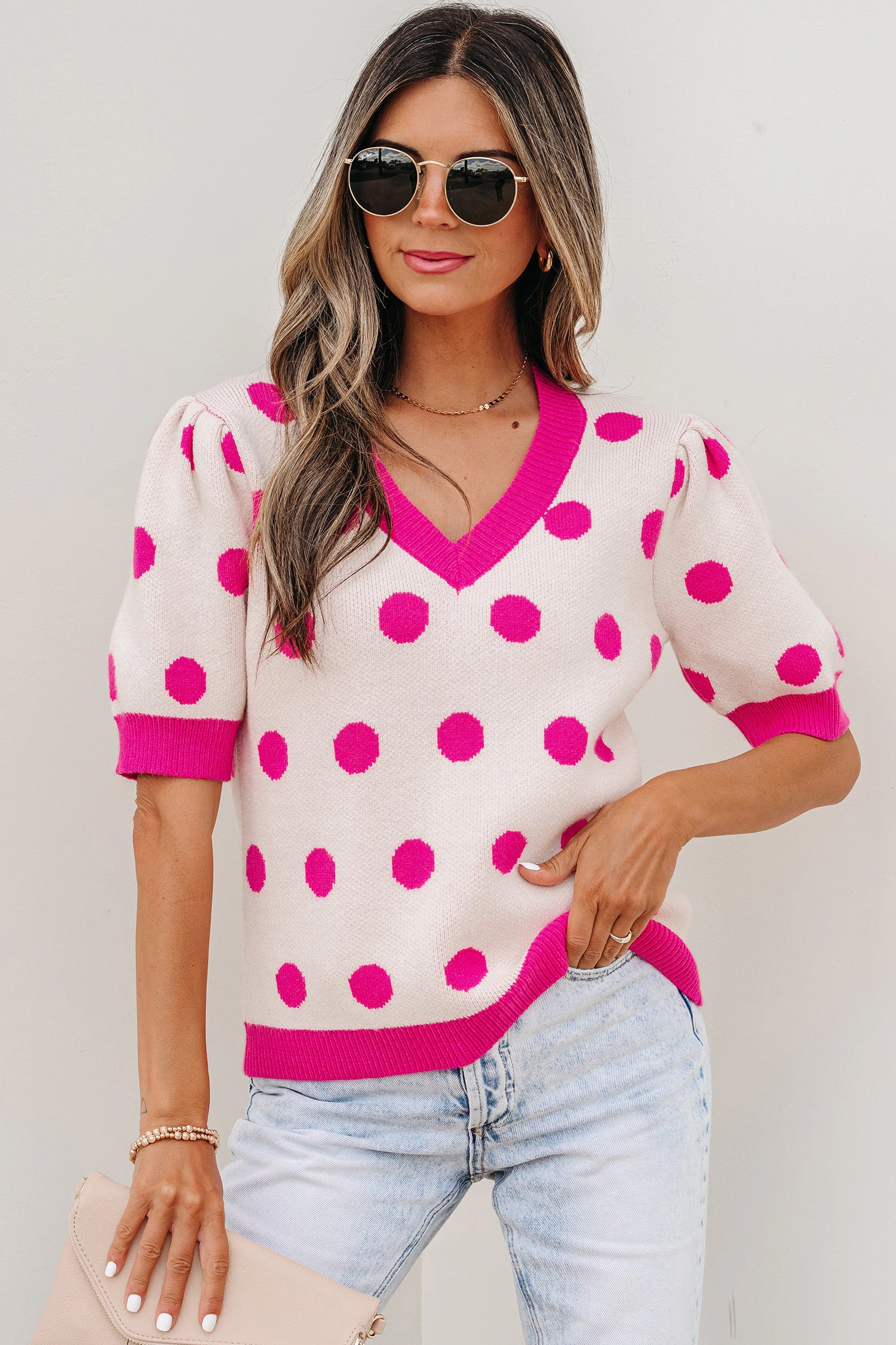 19092 Alexia Puff Short Sleeve Sweater - Pink Floral Knit