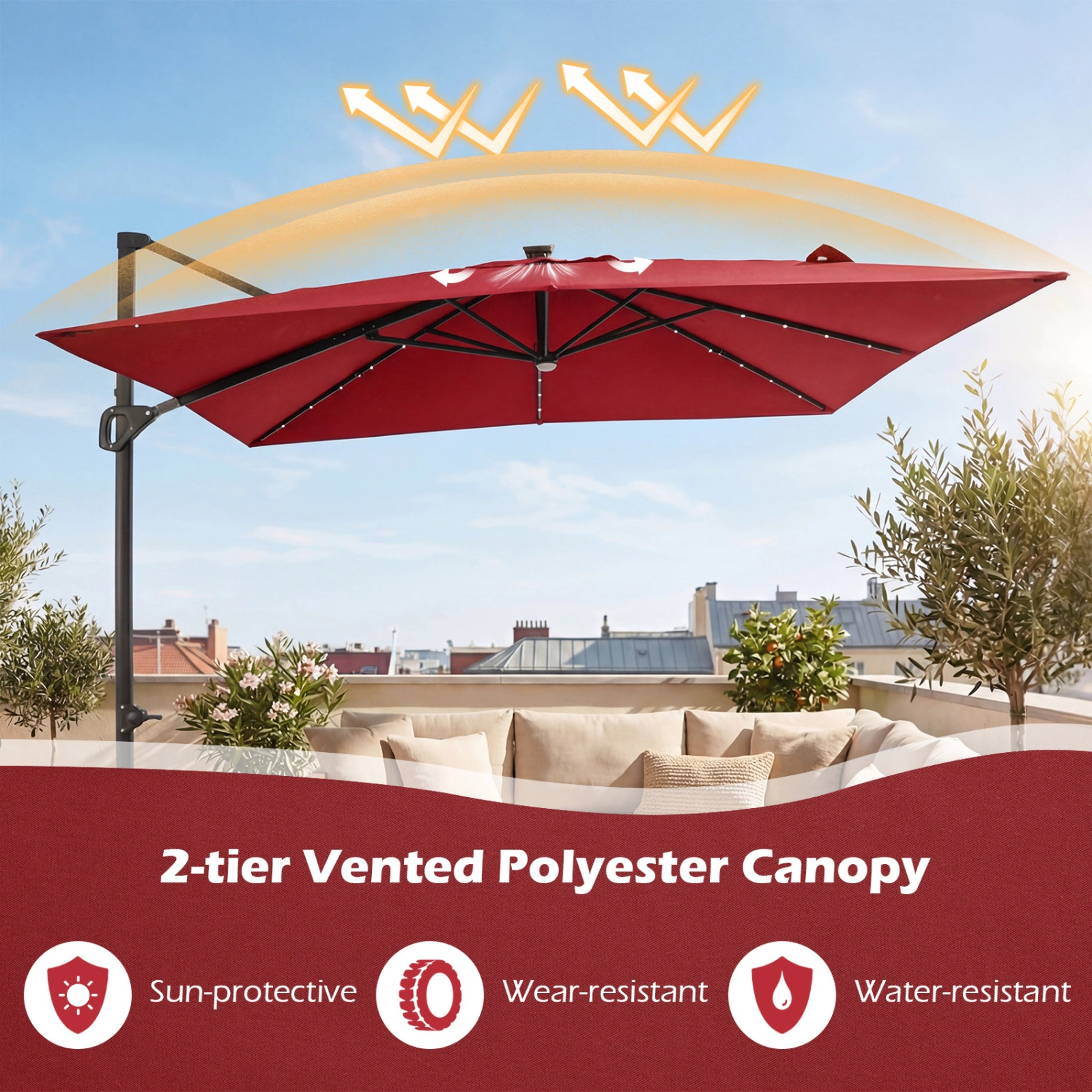 SUGIFT 10-ft Wine Solar Offset Patio Umbrella with 220-lb Fillable Base Crank Lift and Storage Strap