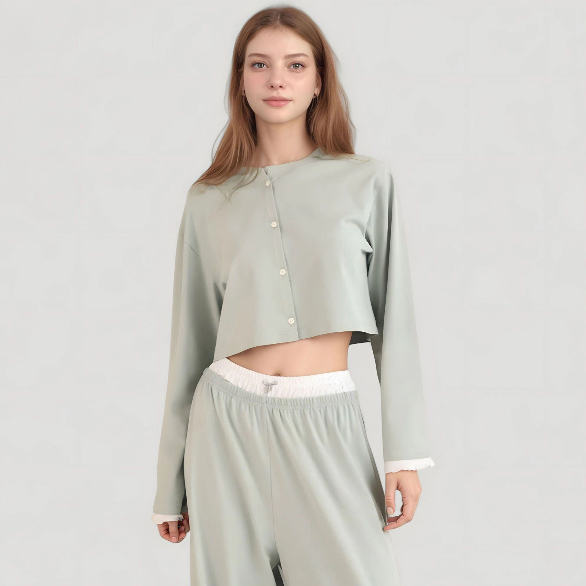 Anna-Kaci Women's Cropped Button Up Long Sleeve Pajama Set with Contrast Trim and Wide Leg Pants