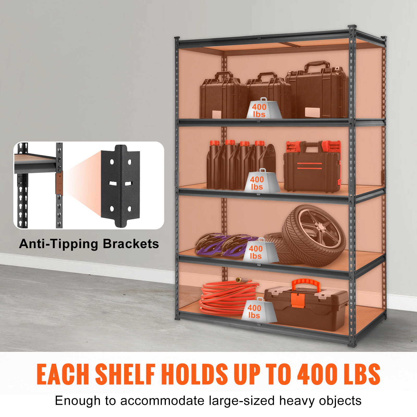 HONGGE Heavy Duty Garage Storage Shelves, 5-Tier Adjustable Rack, 2000 lb Capacity, 48 x 24 x 72 Inch, Black