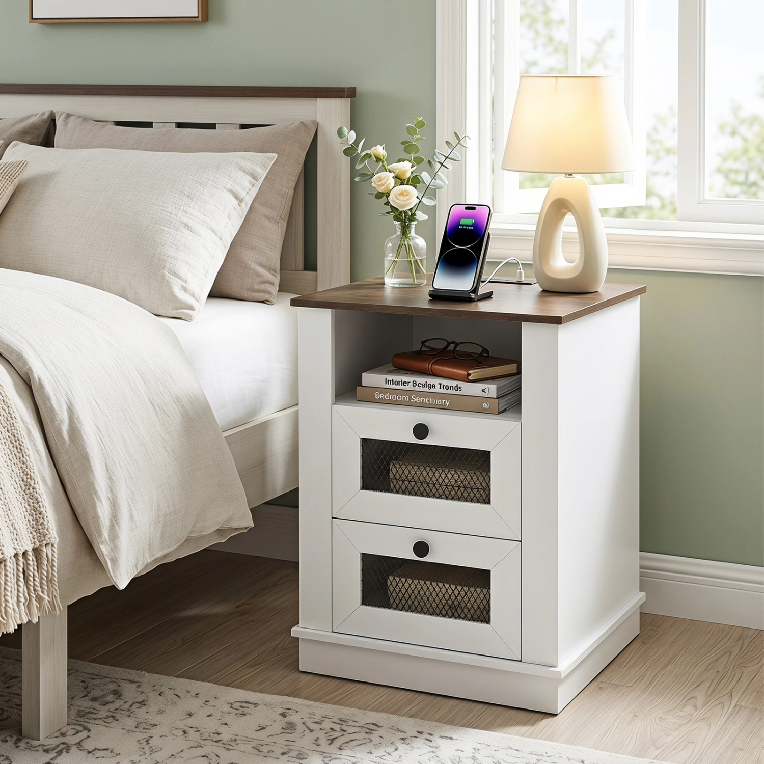 Hivvago Nightstand with Charging Station and 2 Drawers Storage Compartment for Bedroom