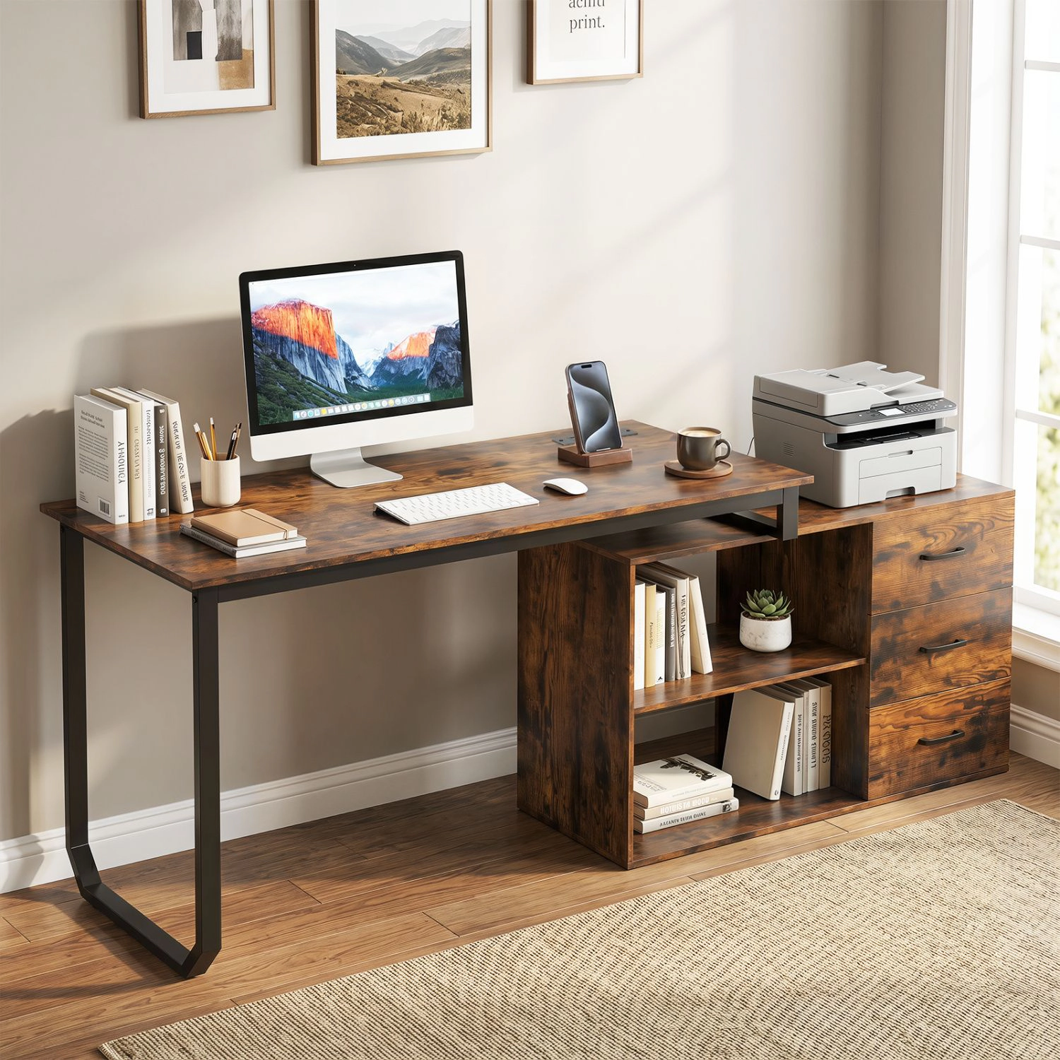 SlickBlue 55 Inch Reversible L-Shaped Office Desk with Drawers