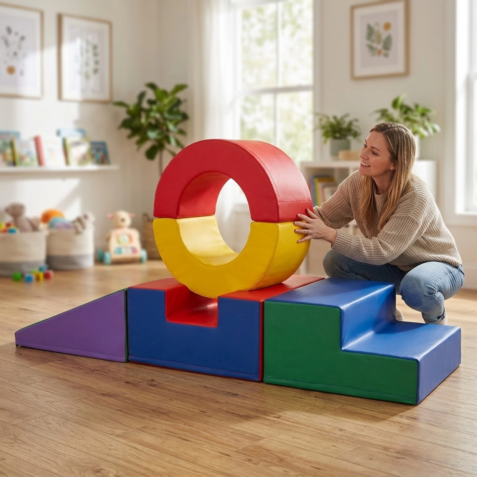 5-Piece Kids Climbing Toys Soft Foam Blocks PU Leather Covers Hook Loop Connectors Split Ring Arch Ages 1+ Multicolor