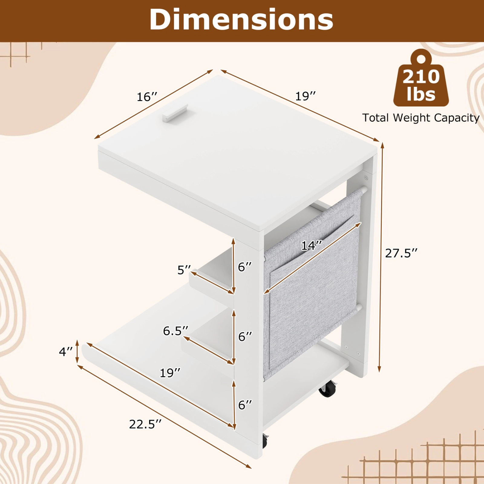 SUGIFT White C-Shaped Rolling End Table with Tilting Desktop