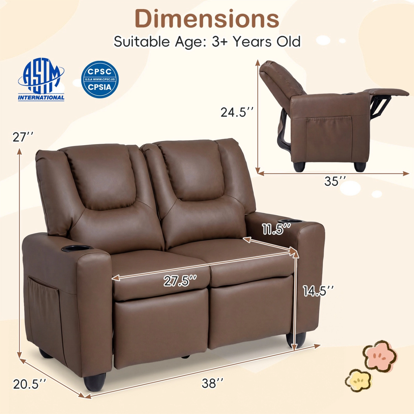 SUGIFT Adjustable 2-Seater Kids Recliner Toddler Sofa Chair with Cup Holders 330-lb Capacity Ages 3+ 38-in Wide Brown