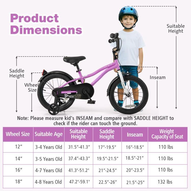 SUGIFT Purple 2 Brakes Detachable Training Wheels and Bell Kids 16 Inch Training Bicycle