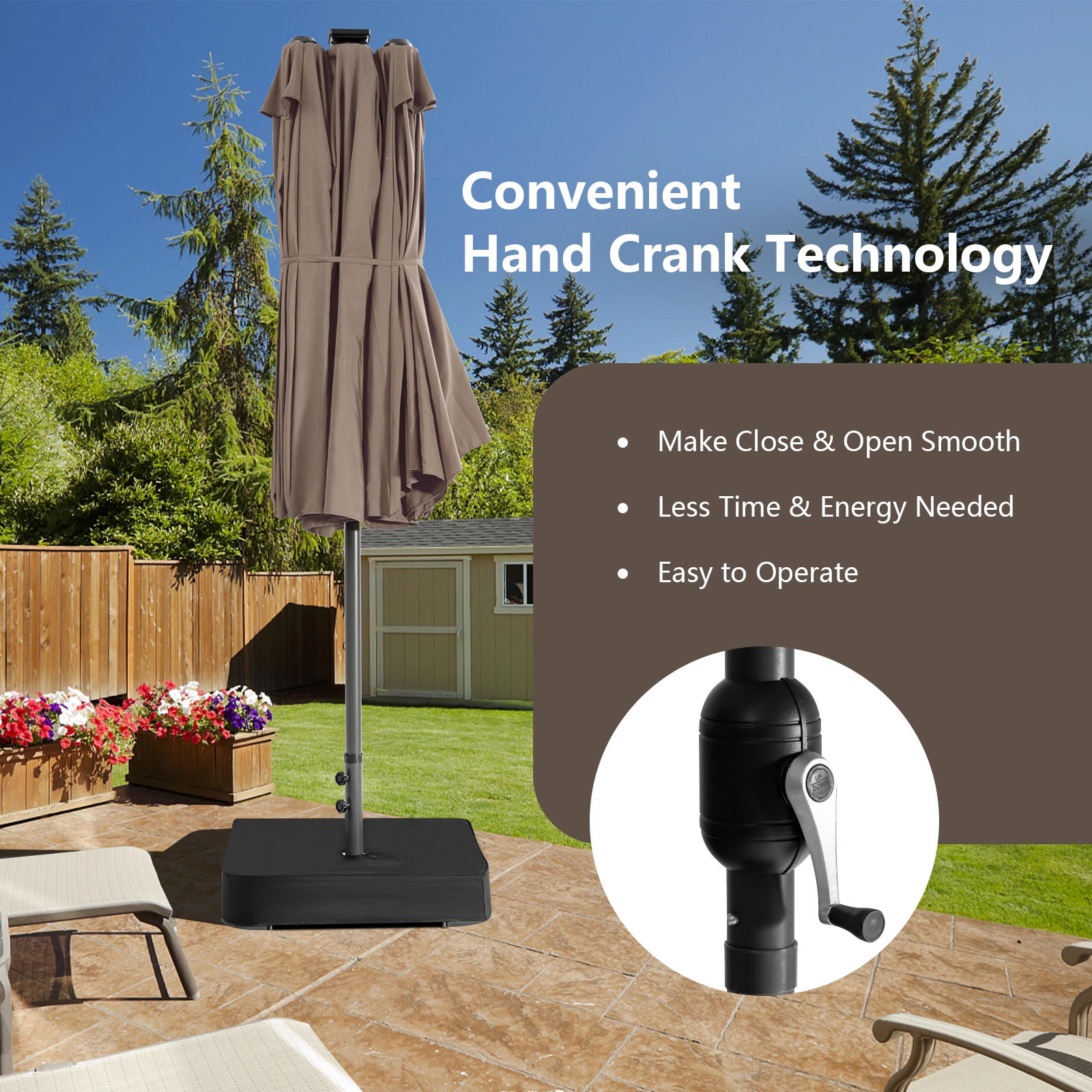 SUGIFT 15-ft Brown Rectangular Double-Sided Patio Umbrella with Solar LED Lights and Cross Base