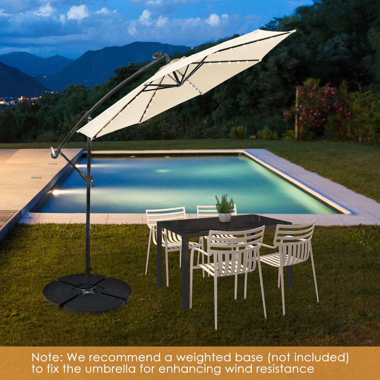 SUGIFT 40 LED Lights Crank Lift and Cross Base 10 FT Solar Offset Cantilever Patio Umbrella