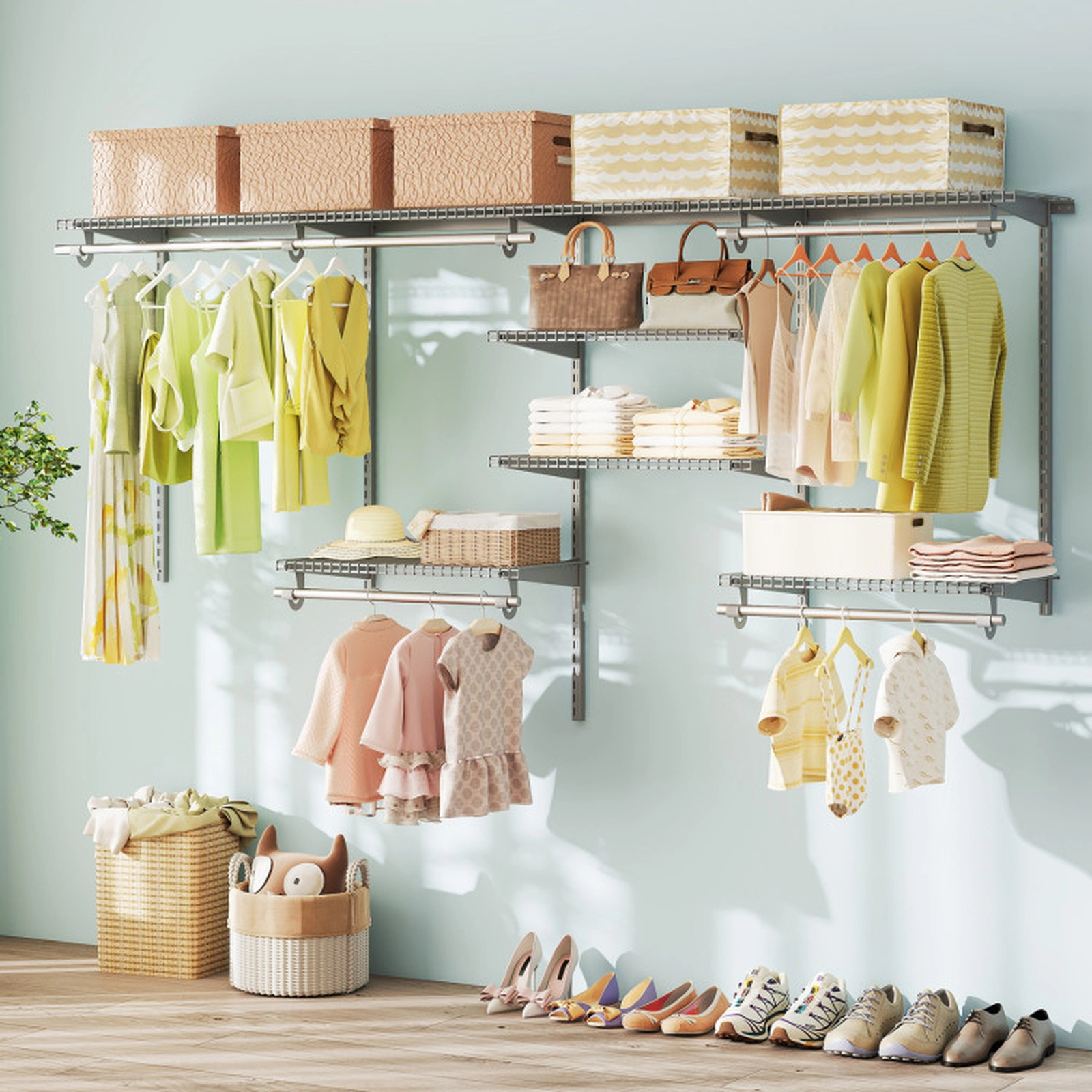SUGIFT Closet Organizer System Gray 4-8 Feet with Hanging Rods and 7 Shelves