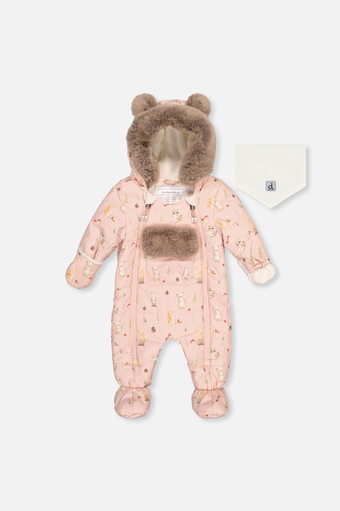 Deux par Girls Animal Print One Piece Snowsuit Adapted for Car Seats with Bear-Ear Hood