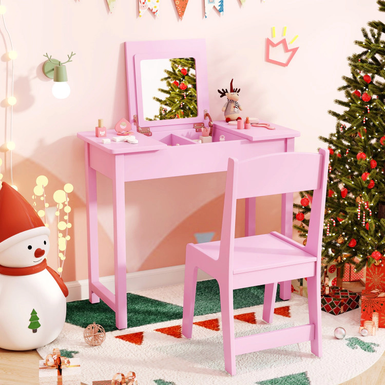 Hivvago 2-In-1 Kids Vanity Makeup Table And Chair Set With Flip Top Mirror