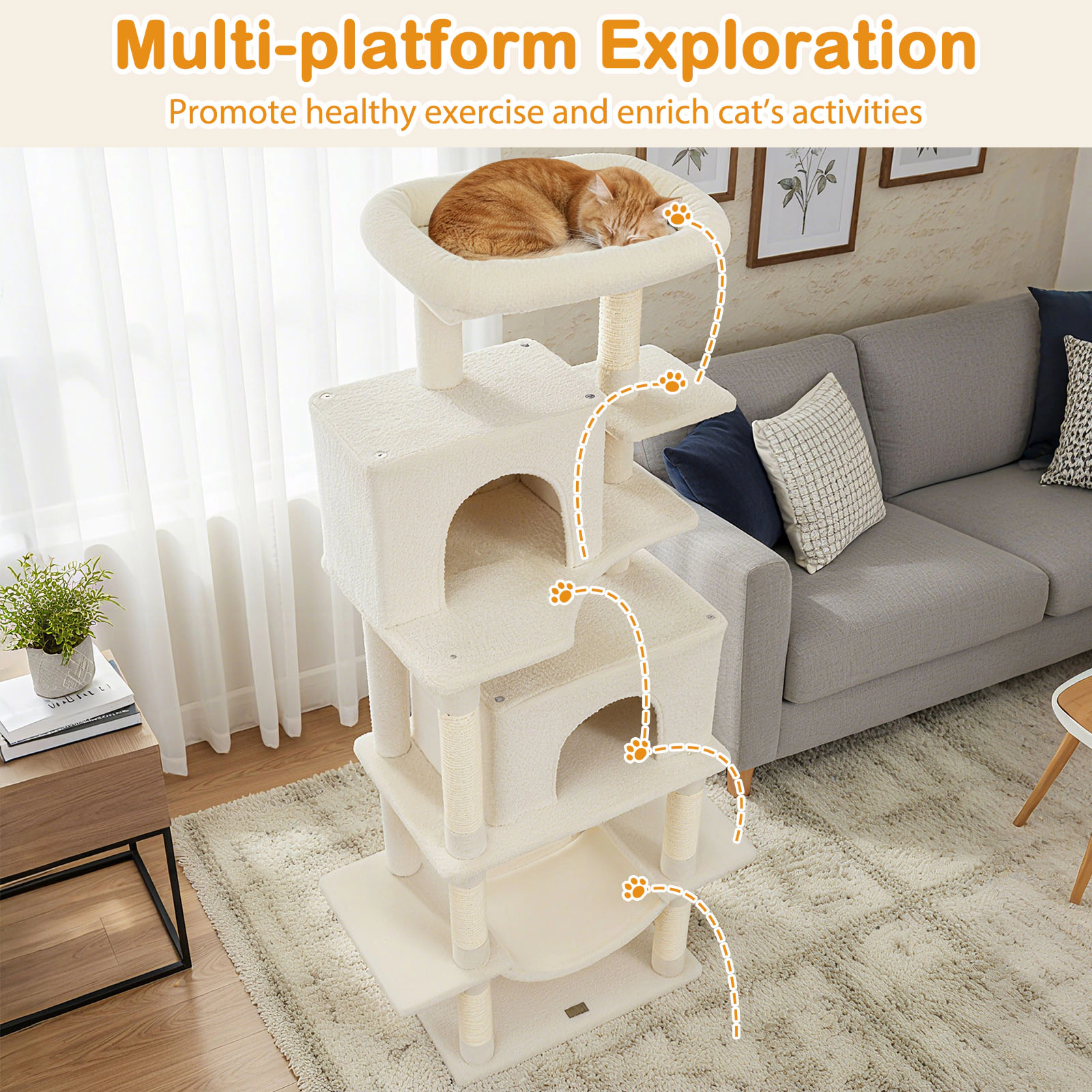 SUGIFT Beige 70 in Large Cat Tower with 2 Hideaway Condos and Padded Top Perch