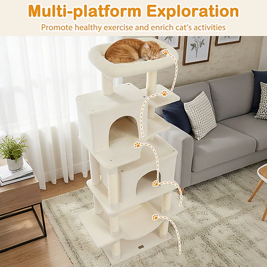 SUGIFT 70-in Beige Large Cat Tree Tower with 2 Hideaway Condos and Padded Top Perch 24-in Base W 33-lb Top