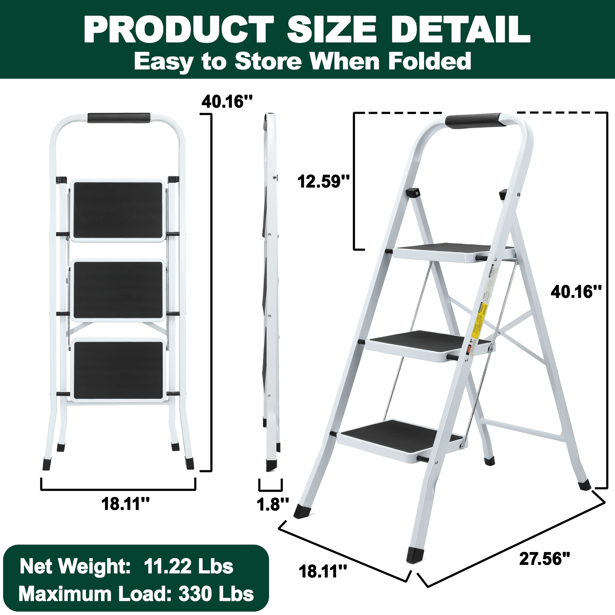 Flynama 3 Step Ladder- 330lb Capacity Steel Foldable Step Stool (White)