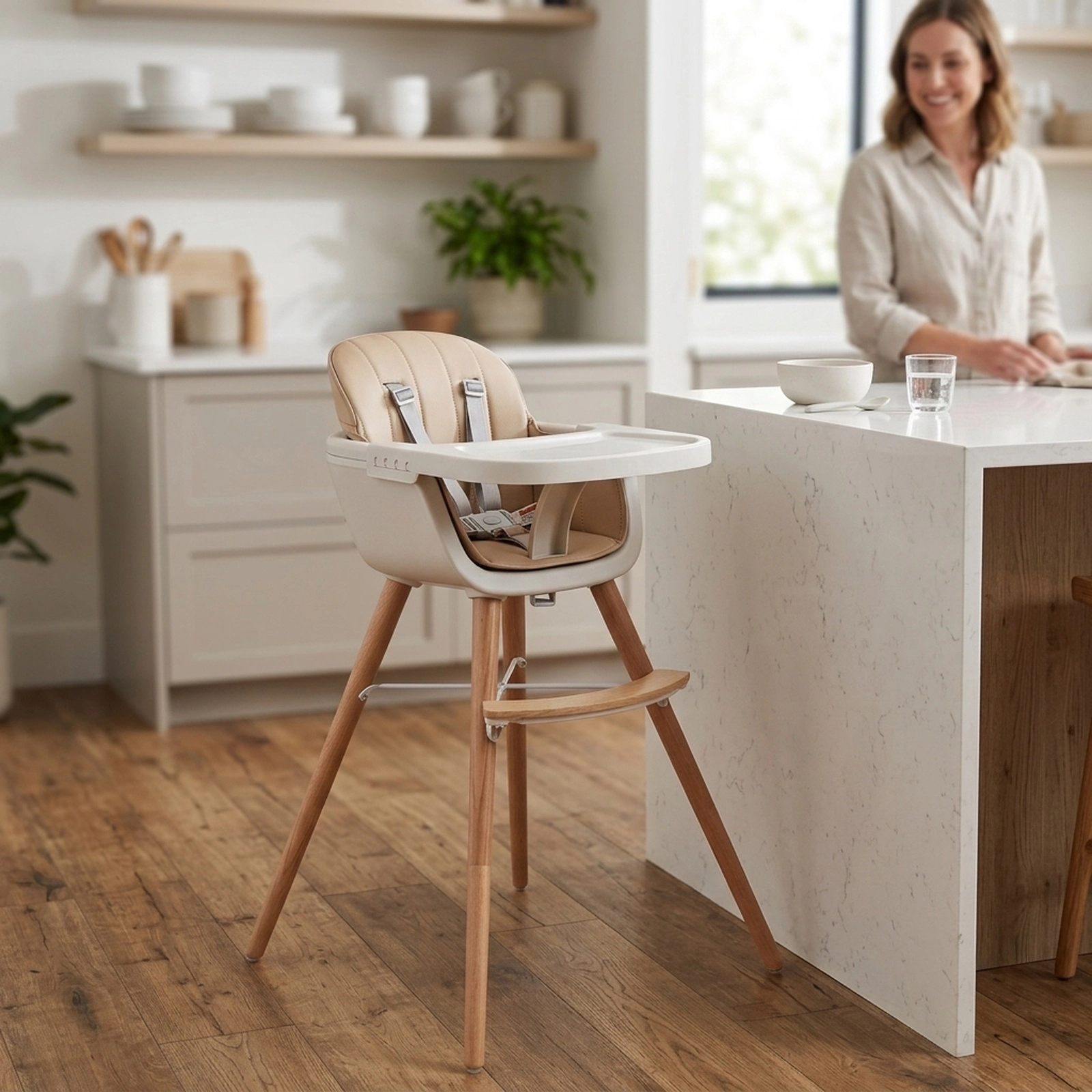 6-in-1 Convertible Wooden Highchair for Toddlers Adjustable Legs 3-Position Tray PU Leather Cushion Light Brown