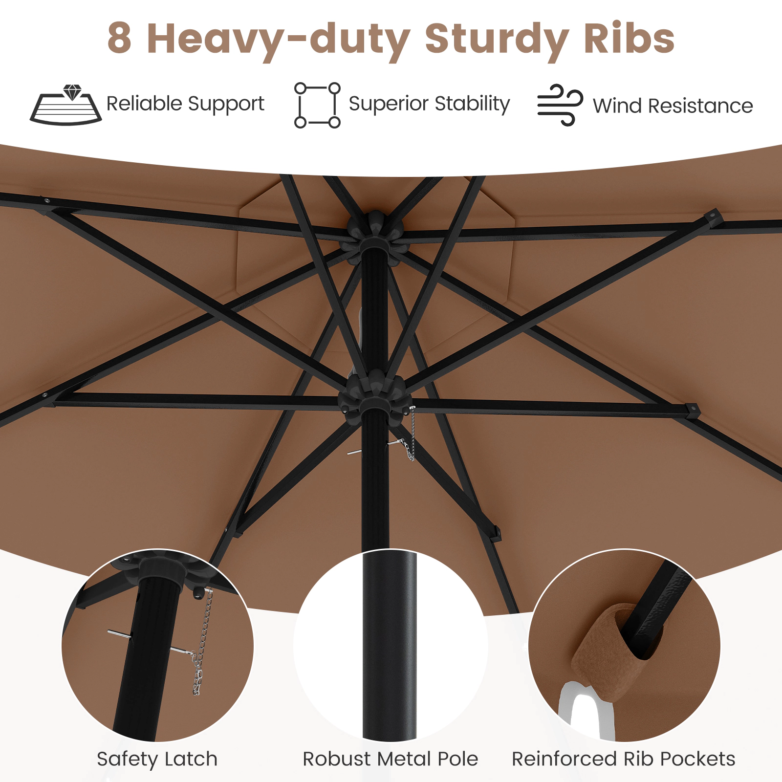 SUGIFT 9.3-ft Solar Patio Umbrella with 24 LED Lights 2-Section Crank Tilt Vented Ruffled Canopy Coffee