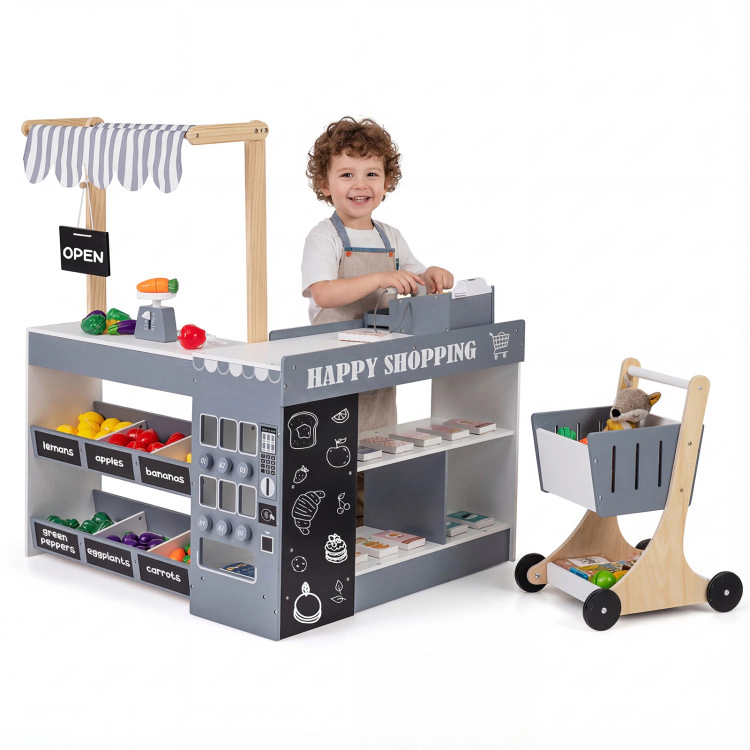 Hivvago Kids Grocery Store Playset Wooden Pretend Play Supermarket with Shopping Cart