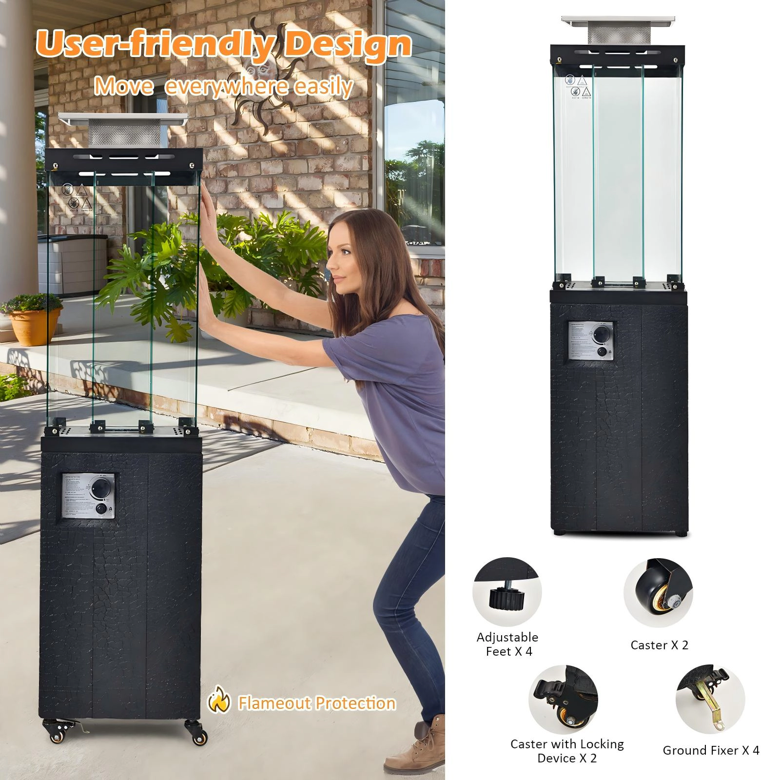 SUGIFT 41000-BTU Black 13-ft Coverage Propane Patio Heater with Tempered Glass Tube Metal Hood and Wheels