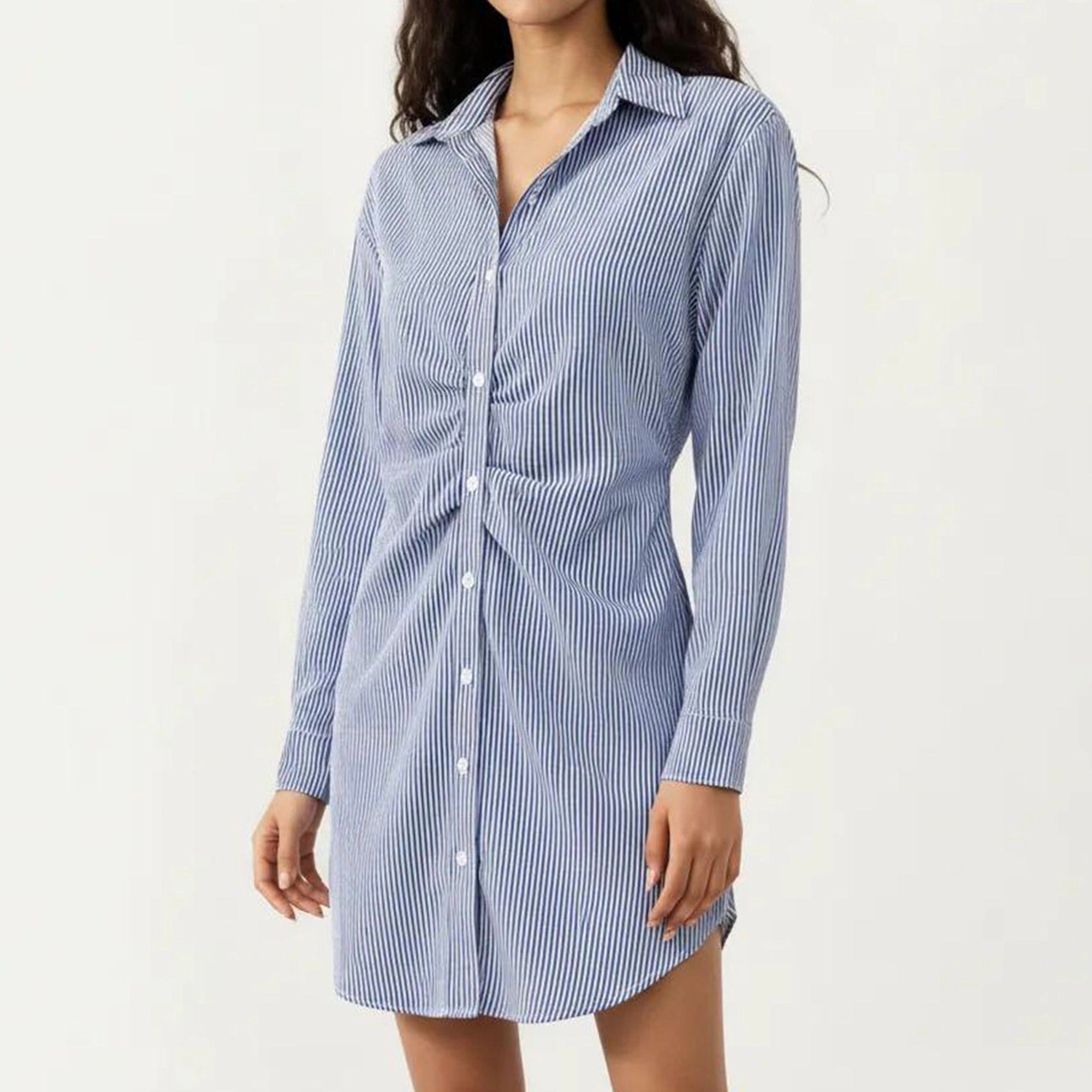 Anna-Kaci Women's Long Sleeve Button Down Twist Front Detail Relaxed Fit Shirt Dress