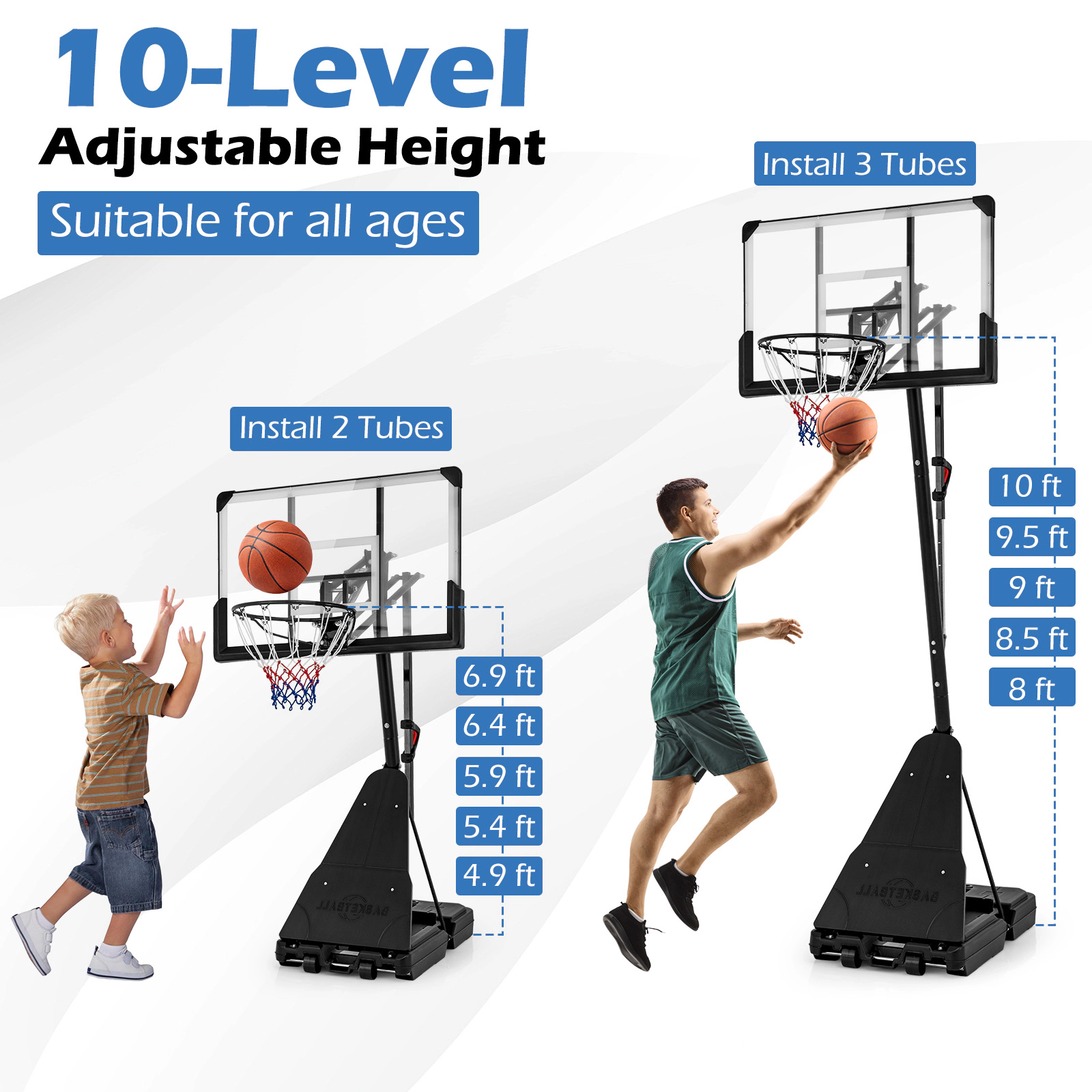 SUGIFT 4.9-ft to 10-ft 10-Level Adjustable Portable Basketball Hoop with 44-in PC Backboard and Rebounder