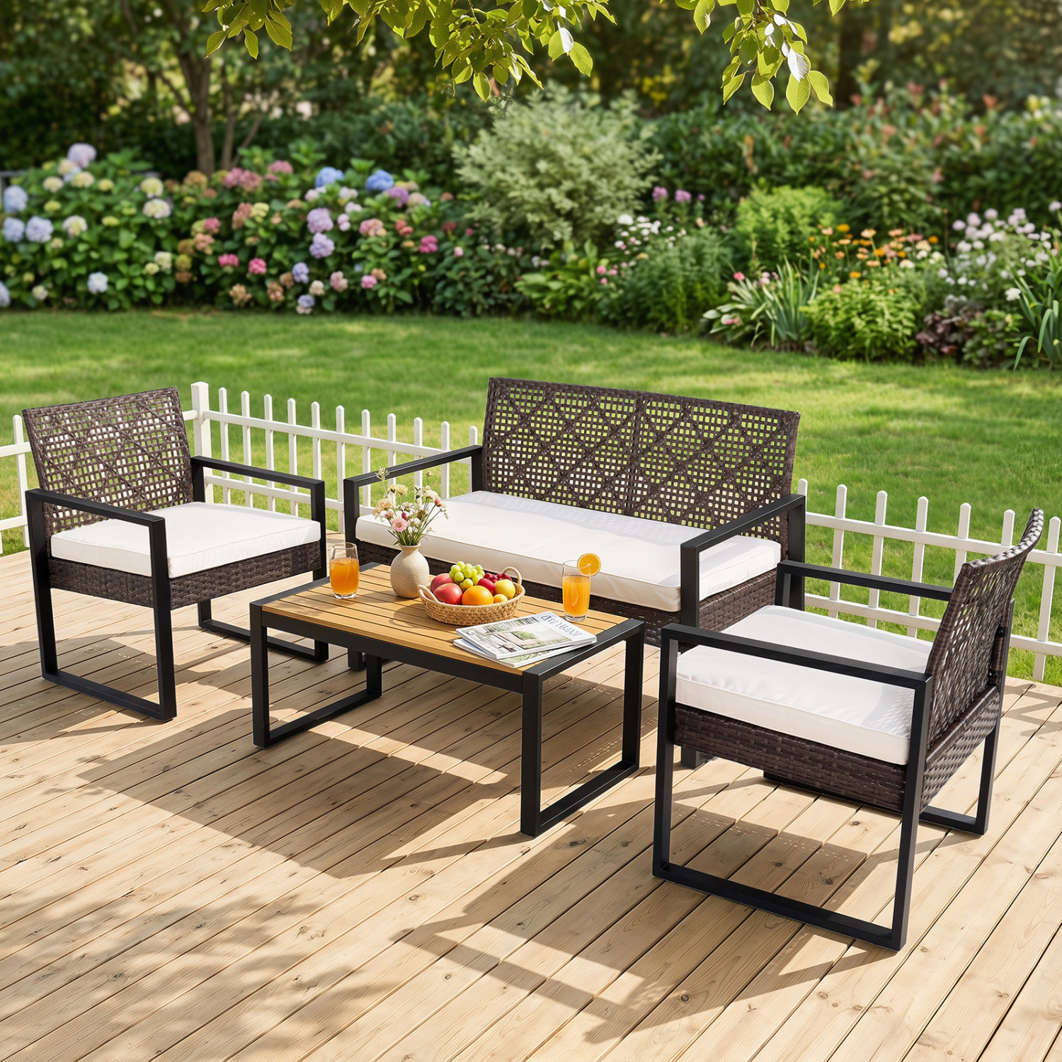 LJG 4-Piece Patio Set with Acacia Coffee Table and Wicker Chairs for Backyard