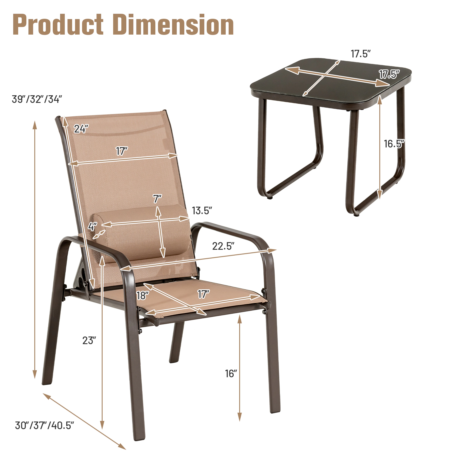 SUGIFT 3-Piece Black Patio Bistro Set, Folding Reclining Chairs and Tempered Glass Table