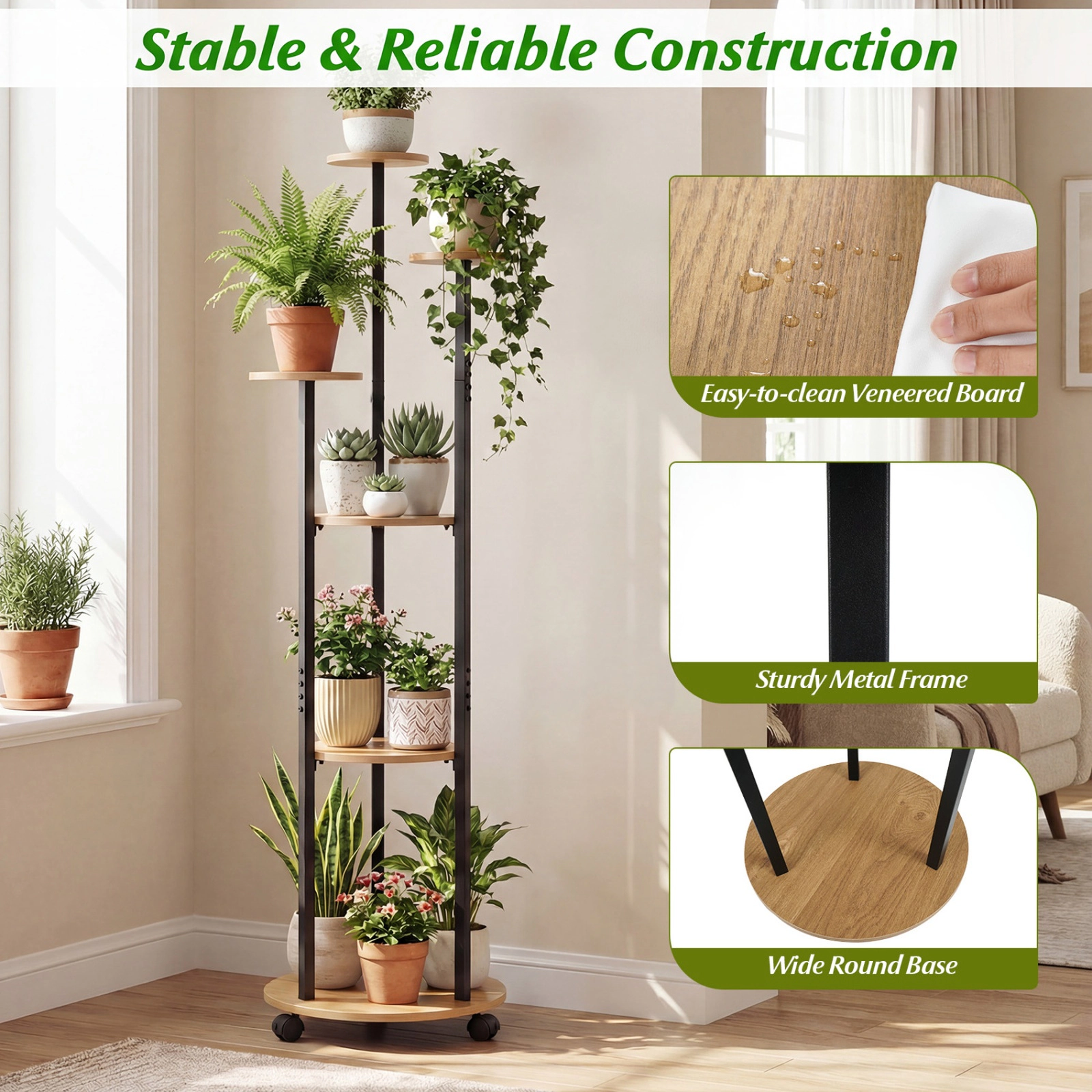 SUGIFT 6 Tier Plant Stand Natural 57 in Tall with RGB Light Strip and Wheels