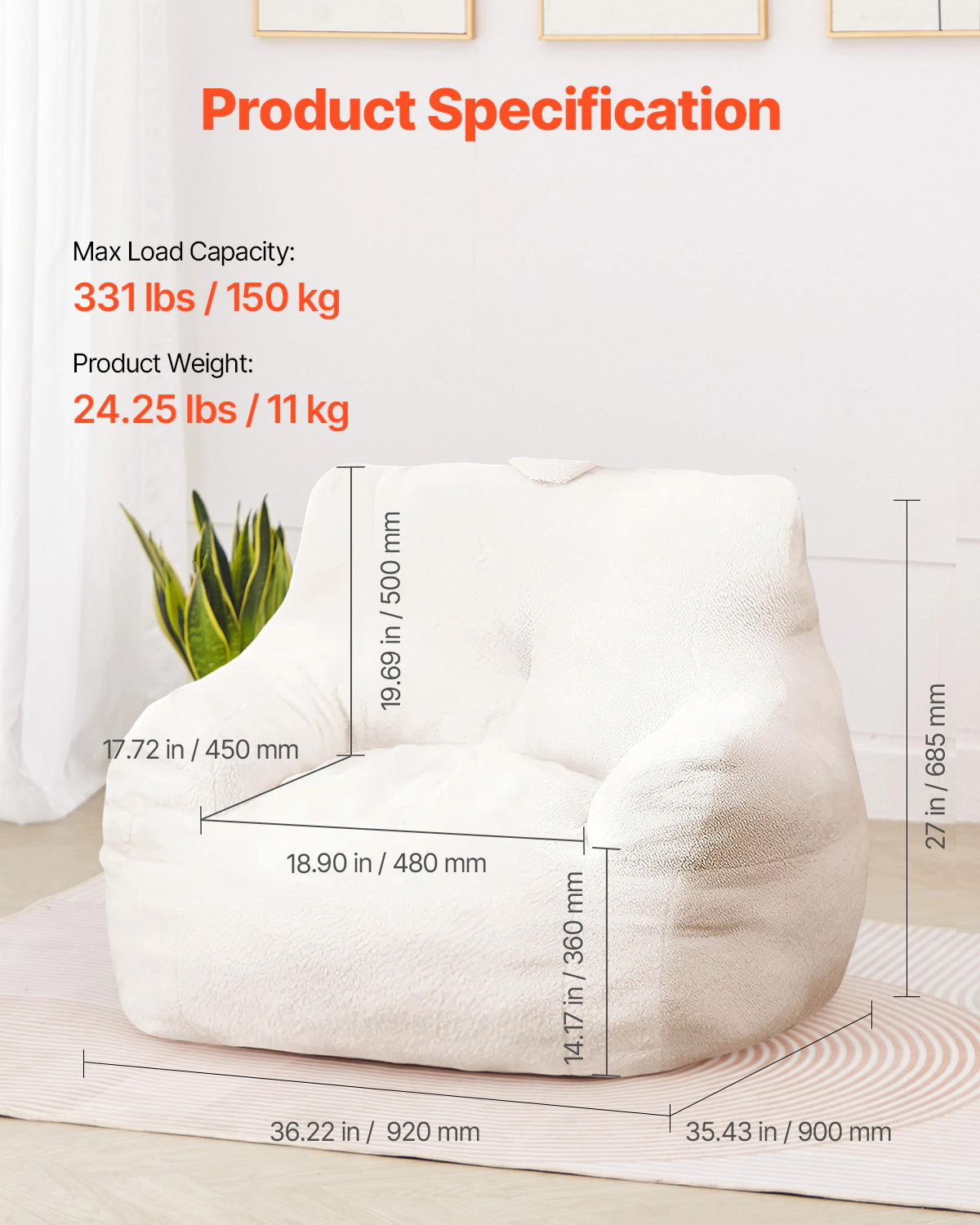 HONGGE Bean Bag Chair Bean Bag Chair with Memory Foam with Velvet Cover Bean Bag for Bedroom or Playroom