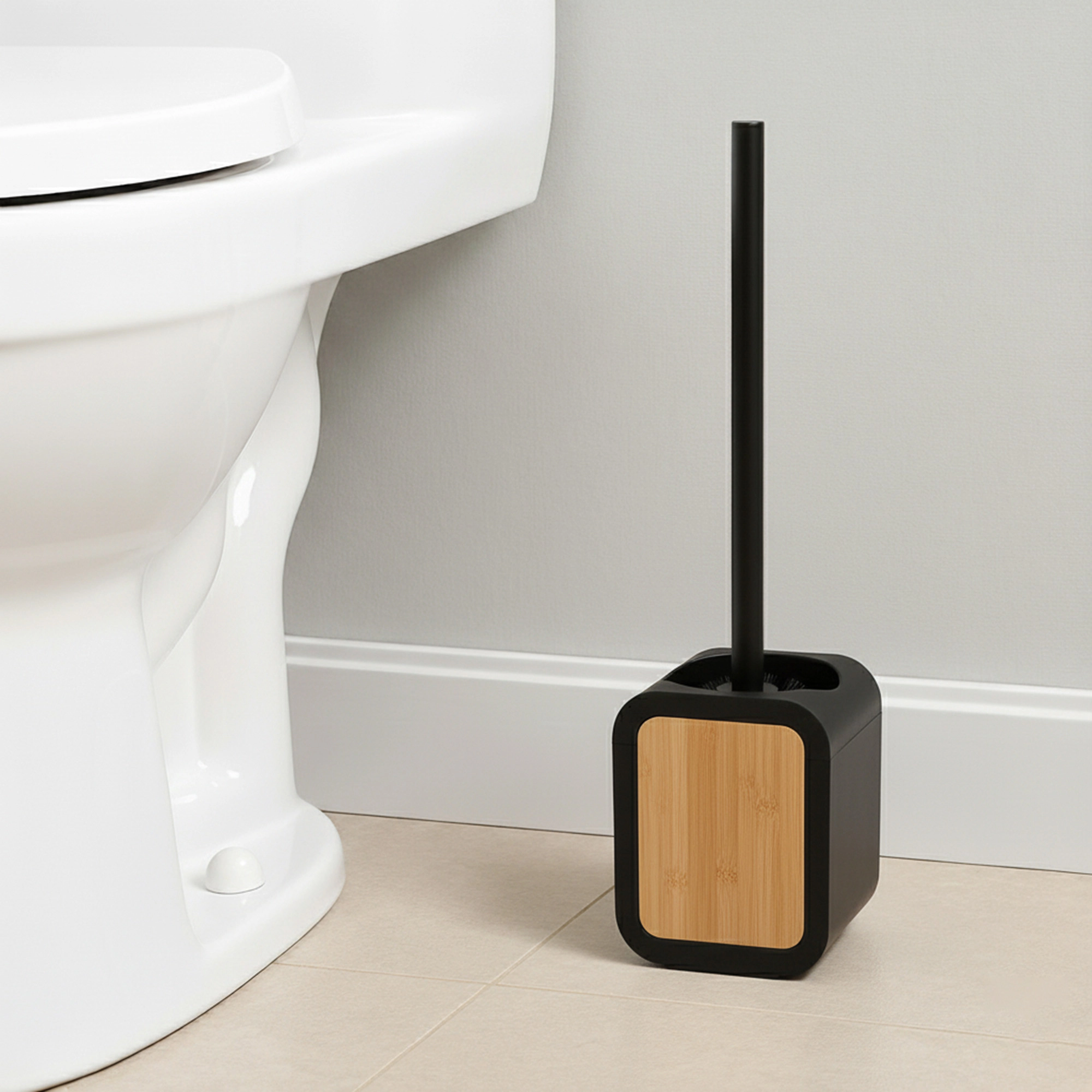 Evideco French Home Goods Urban Bathroom Brush and Holder Set - Rubber with Wood Inlay