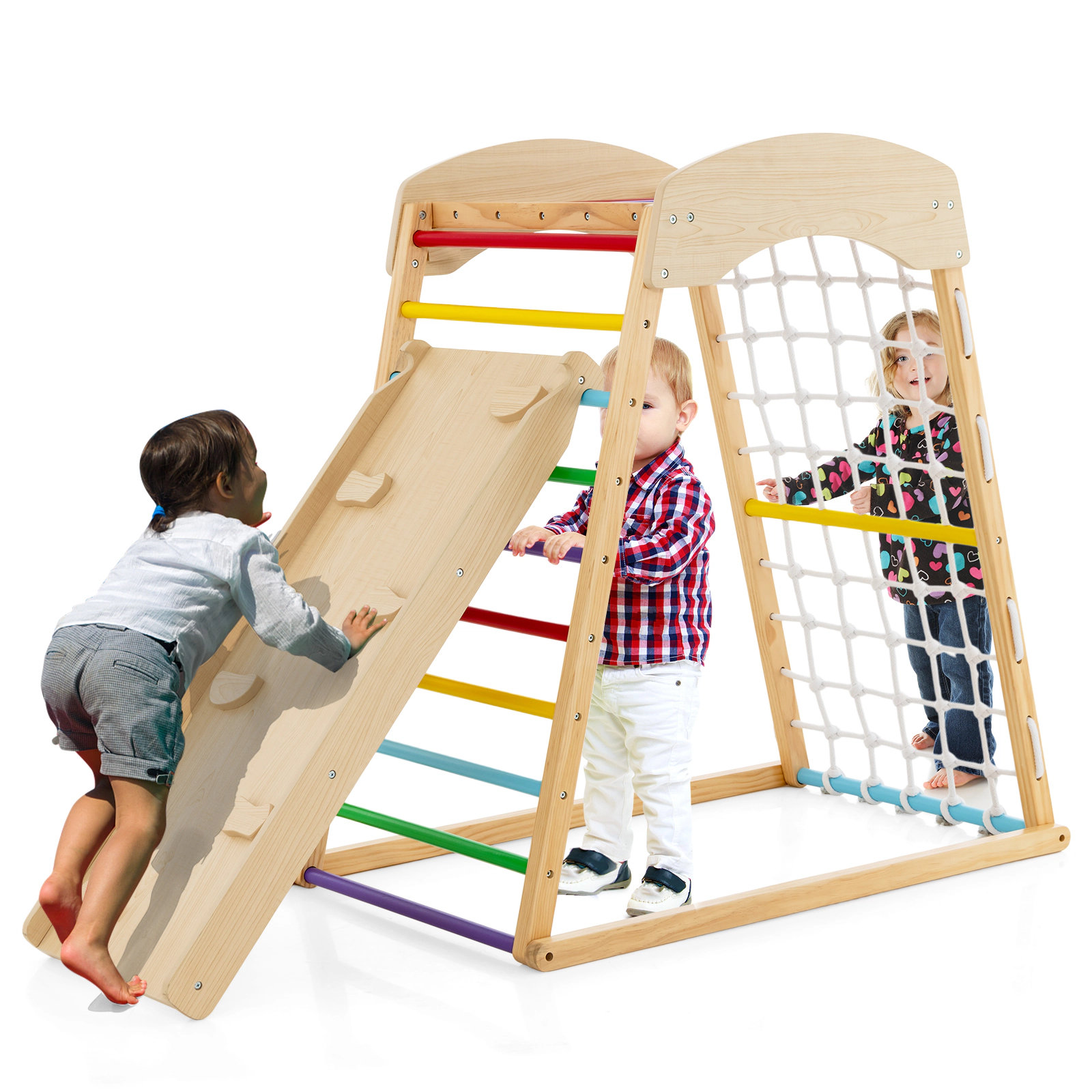 SUGIFT Multicolor 6-in-1 Wooden Kids Climber with Monkey Bars and Reversible Ramp 41.5-in W 26.5-in D 44.5-in H
