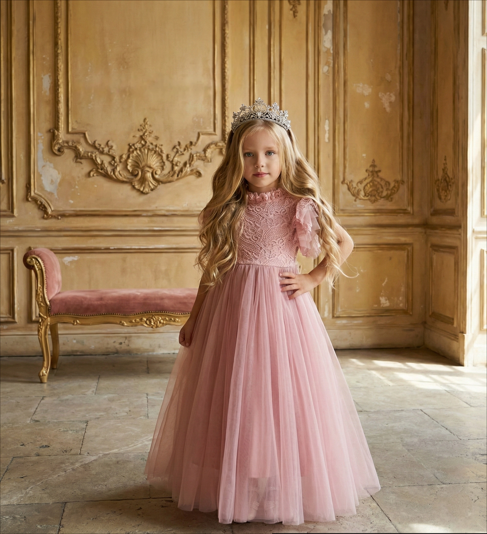 2Bunnies Girls' 2T-10Y Iris Floral Lace Tulle Flower Girl Dress