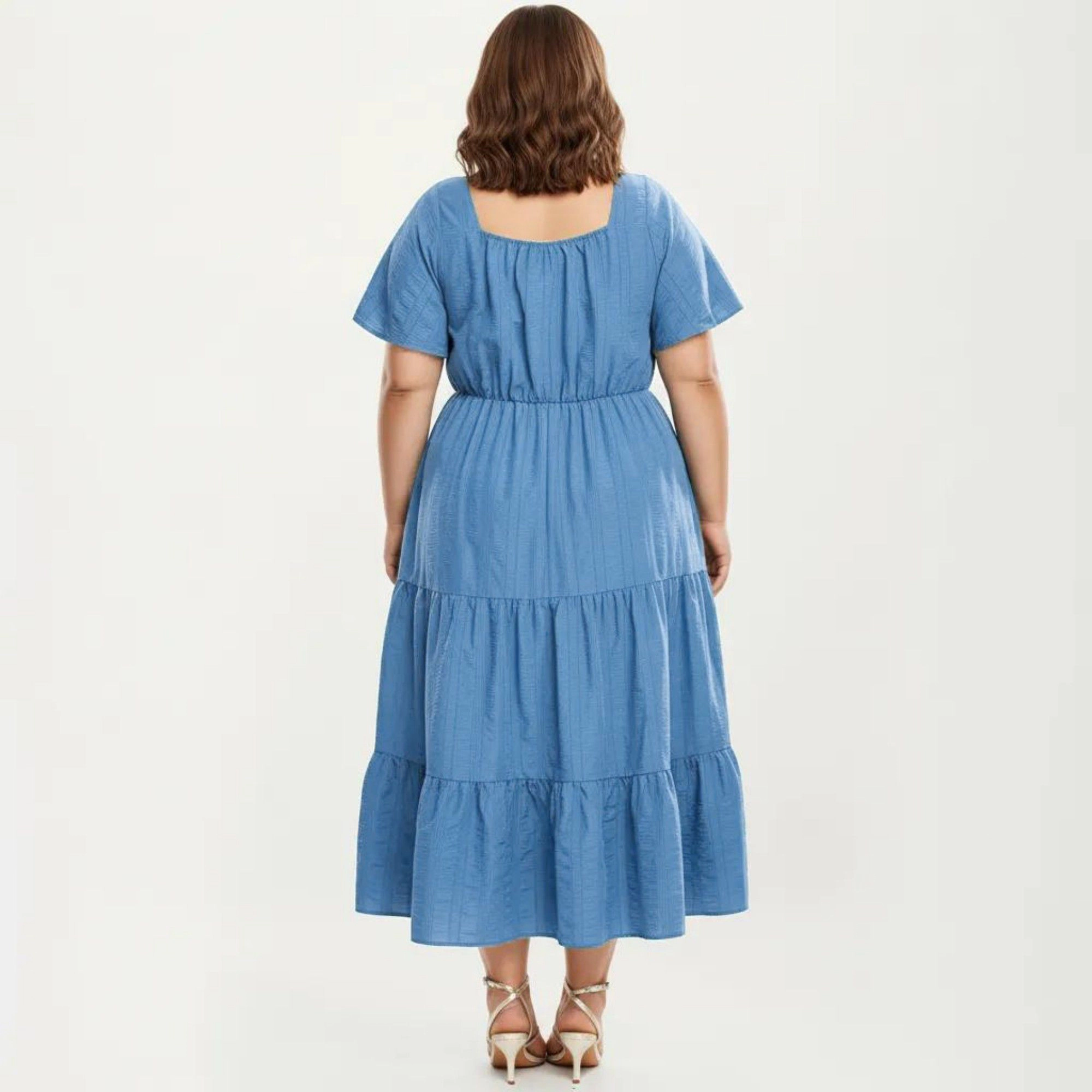 Anna-Kaci Women's Plus Short Sleeve V Neck Front Tie Elastic Waist Tiered Maxi Dress