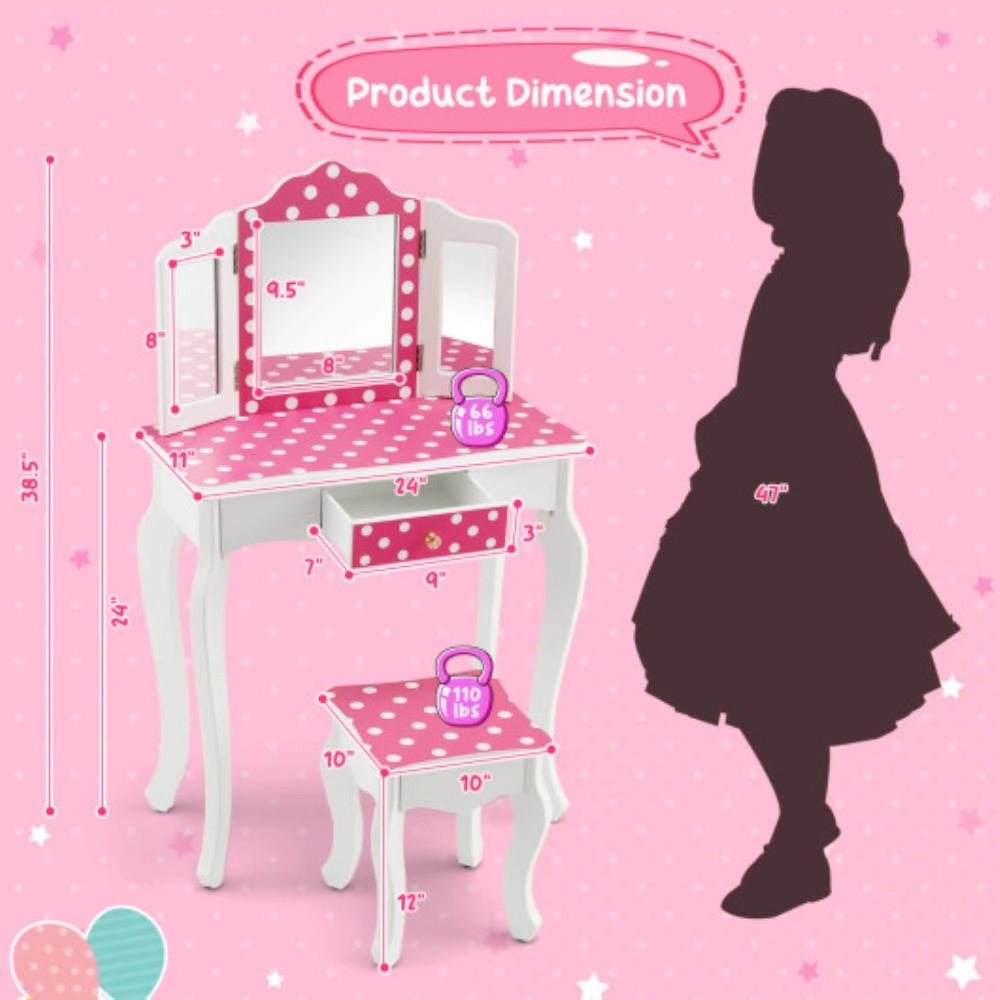 Hivvago Kids Vanity Table And Stool Set With Cute Polka Dot Print-Pink