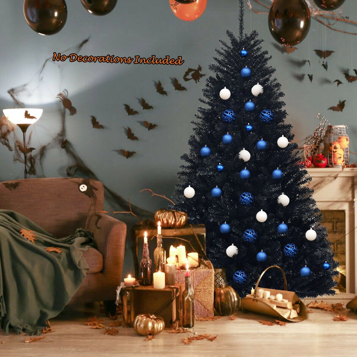 SlickBlue Unlit Black Pine Tree with Hinged Branches and Metal Stand