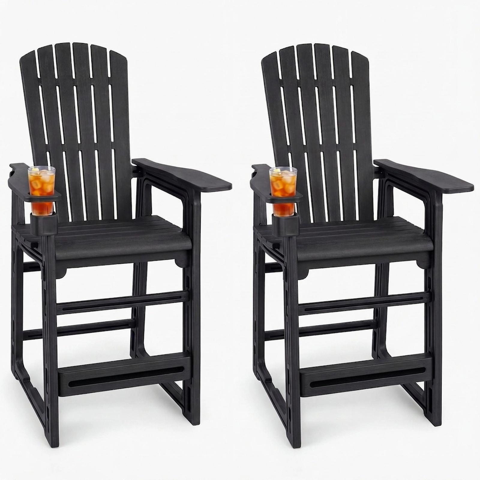SUGIFT Outdoor Bar Stool Chairs with Backrest, Armrests and Cup Holder 440-lb Capacity 29-in Seat Height Black