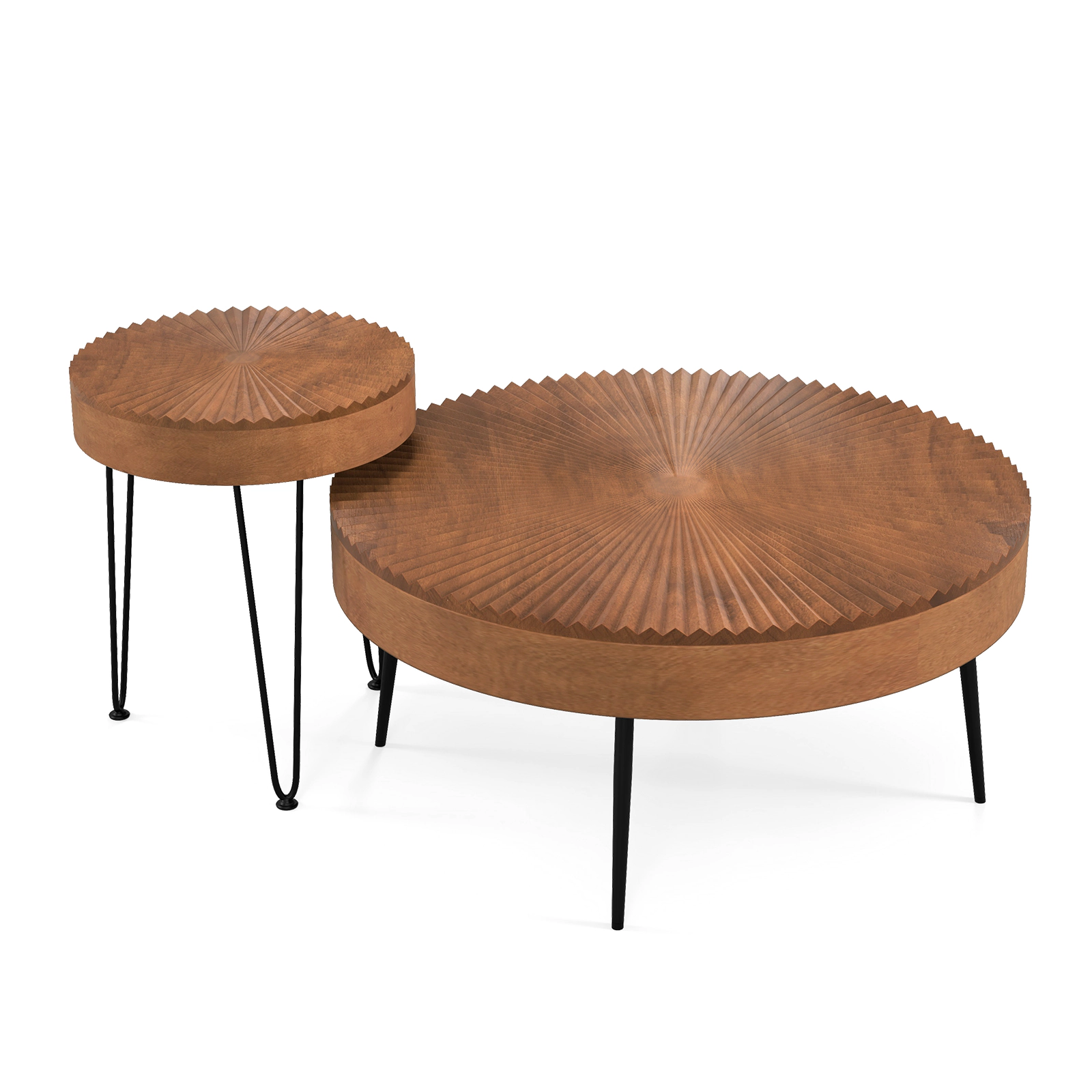 Hivvago Set of 2 Boho Round Coffee Table with Solid Pine Wood Top and Metal Legs